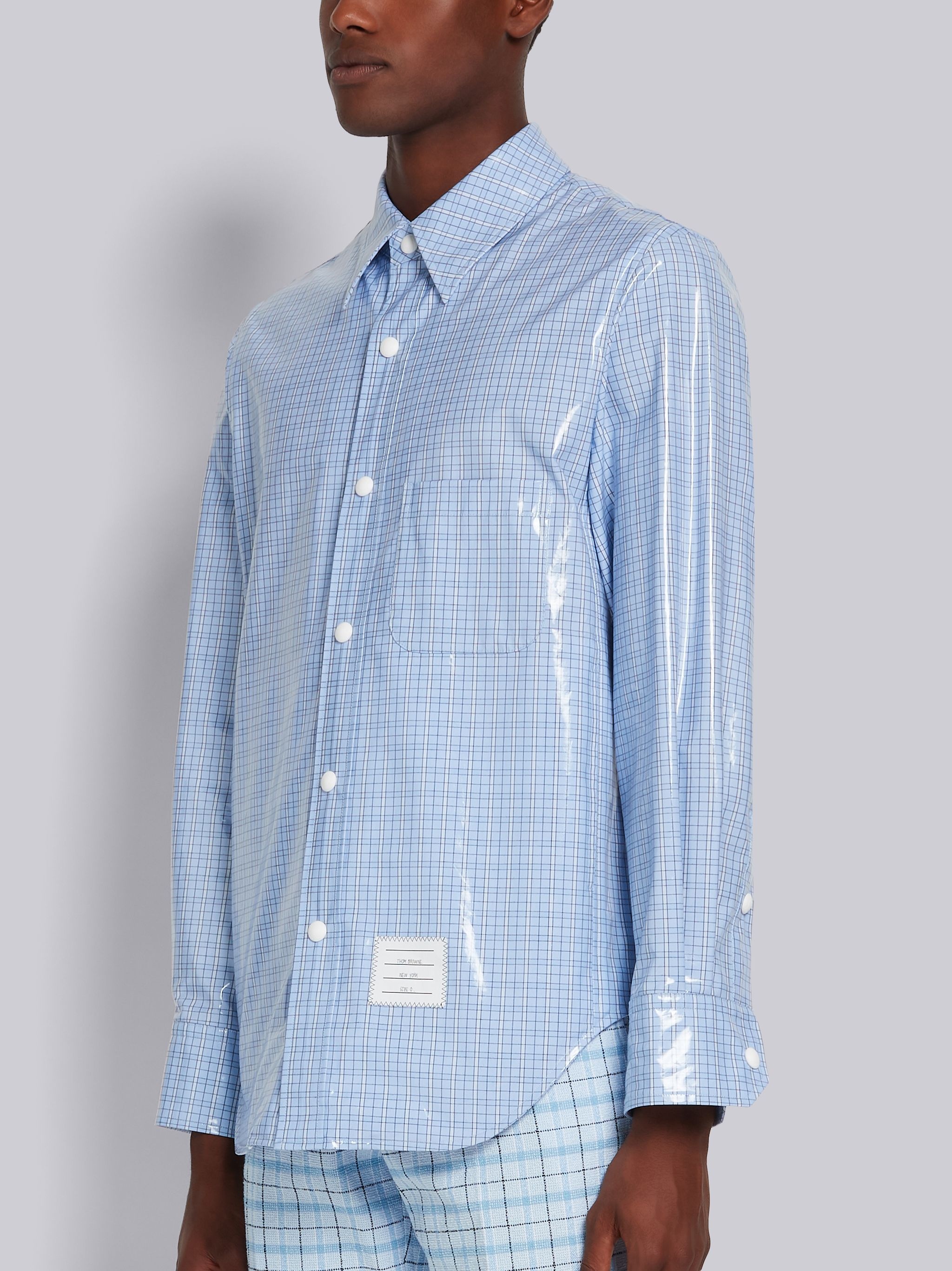 Light Blue Laminated Cotton Poplin Small Hairline Check Snap Front Shirt Jacket - 2