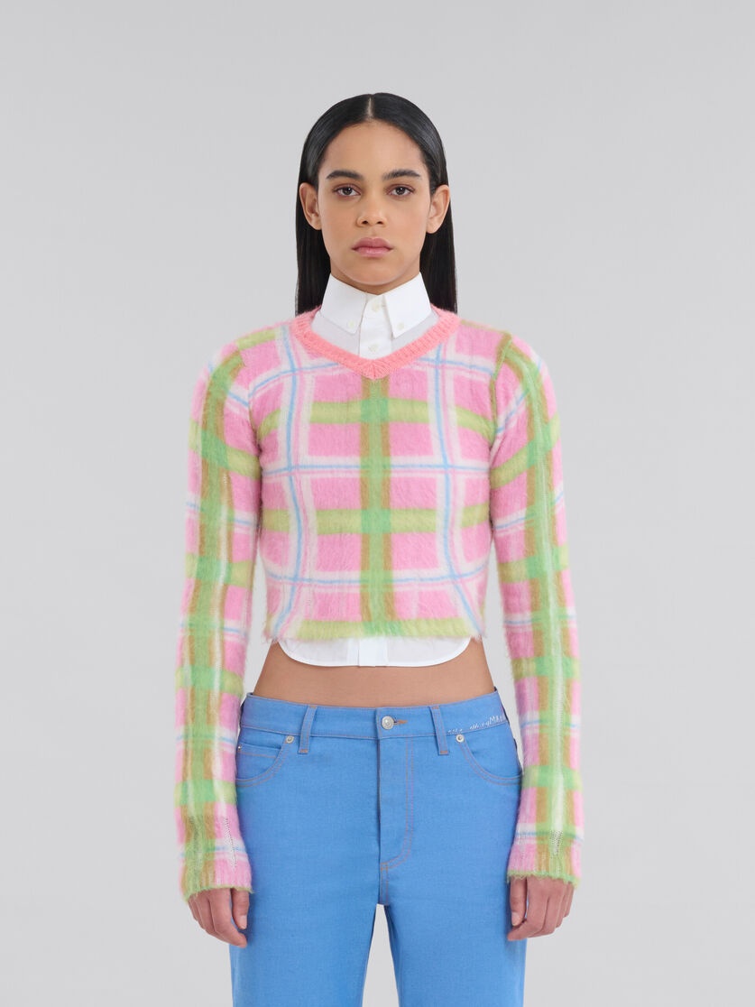 PINK AND GREEN CHECKED BRUSHED MOHAIR JUMPER - 2