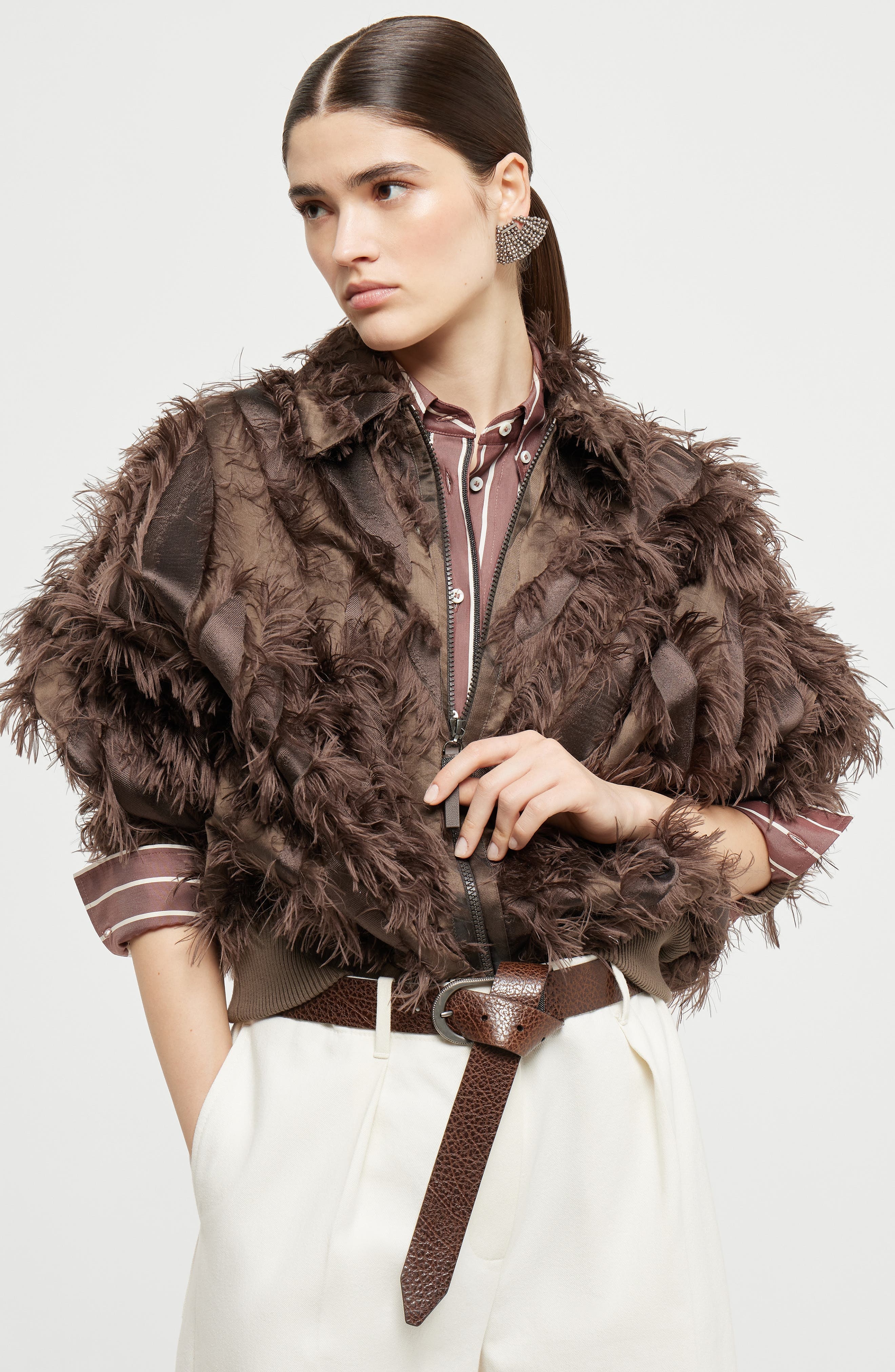 Brunello Cucinelli Dracaena fil coupé bomber jacket in Brown at Nordstrom - 5