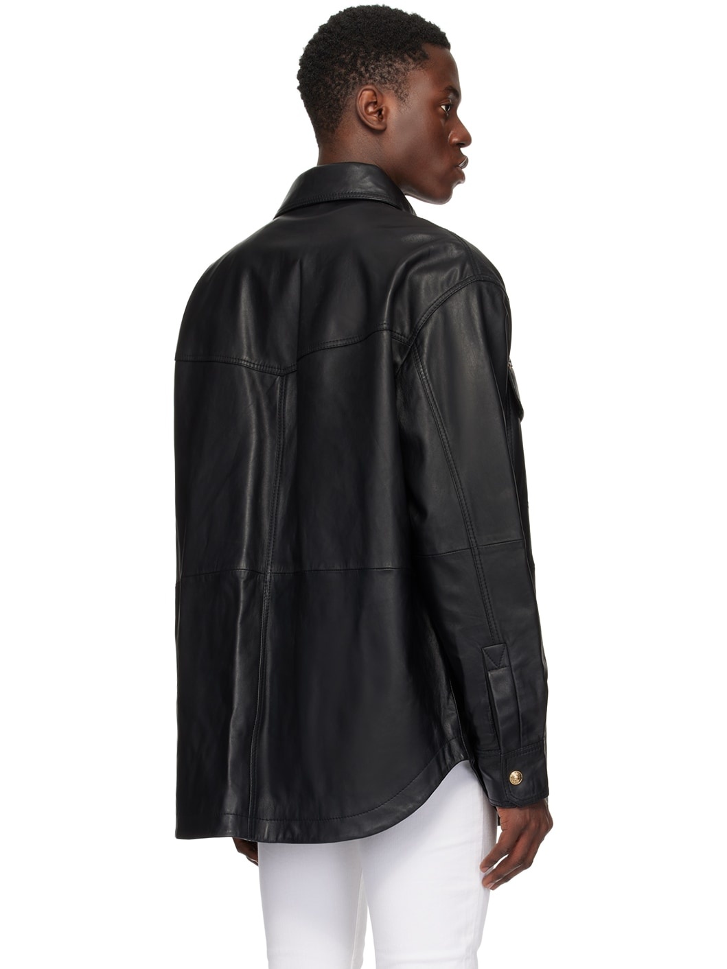 Black V-Emblem Leather Jacket - 3