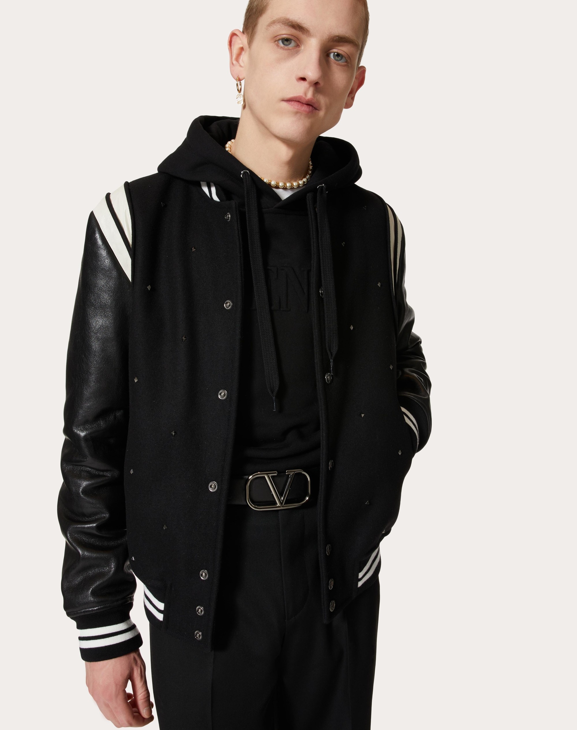 ALL-OVER ROCKSTUD SPIKE WOOL CLOTH AND LEATHER BOMBER JACKET - 5