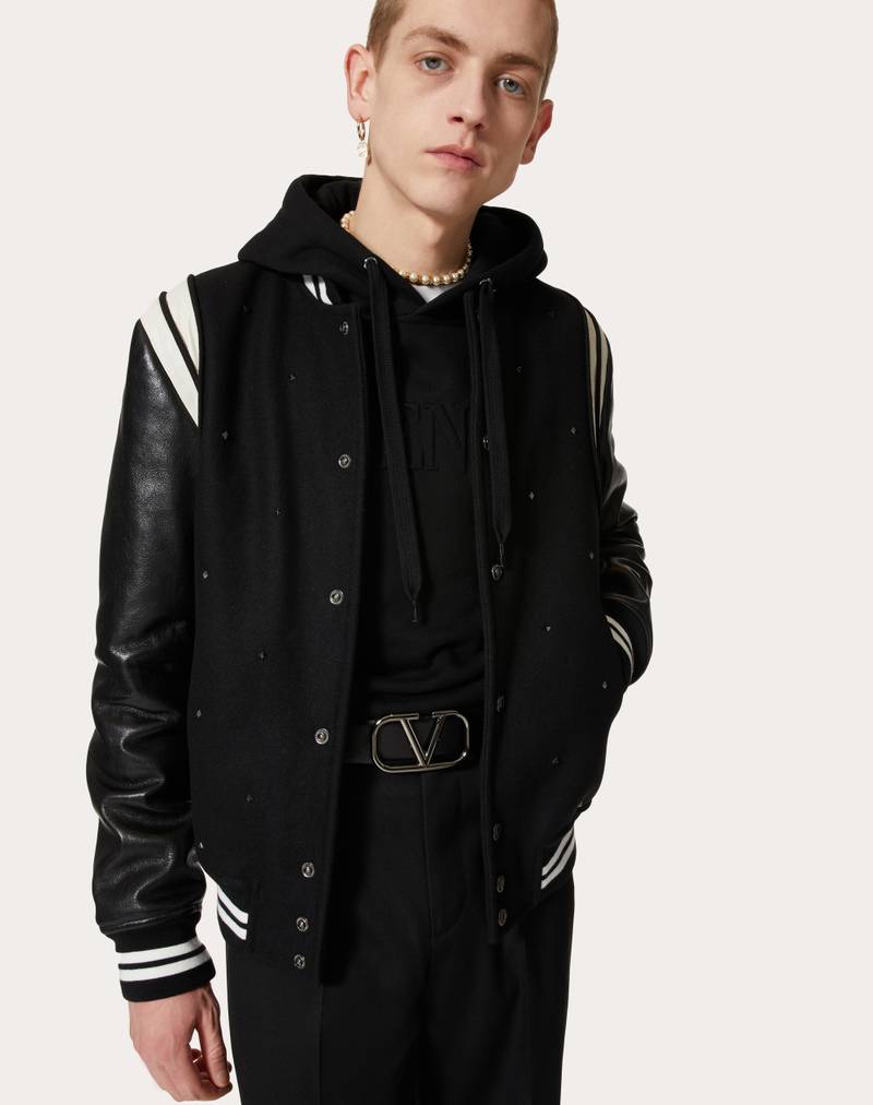 ALL-OVER ROCKSTUD SPIKE WOOL CLOTH AND LEATHER BOMBER JACKET 5