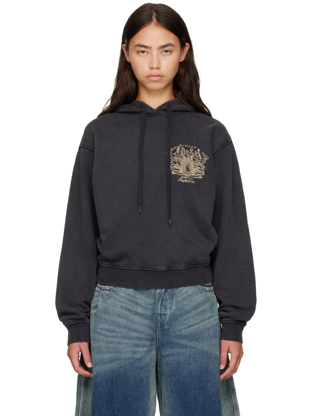 Black Prints & Rhinestone Studs Hoodie - 1