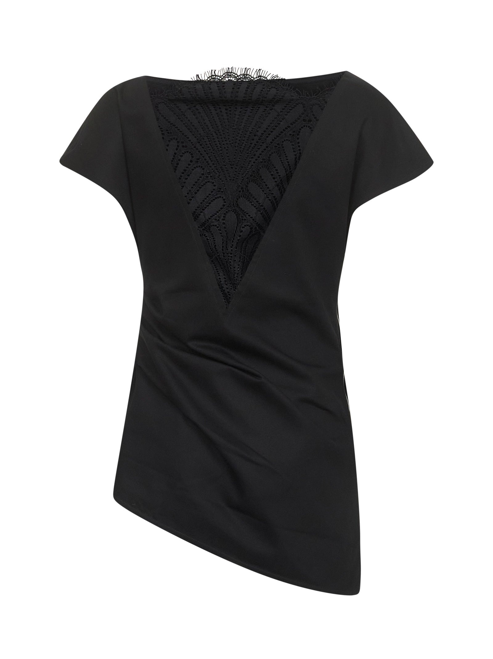 Black cotton twill asymmetric top with lace insert - 2
