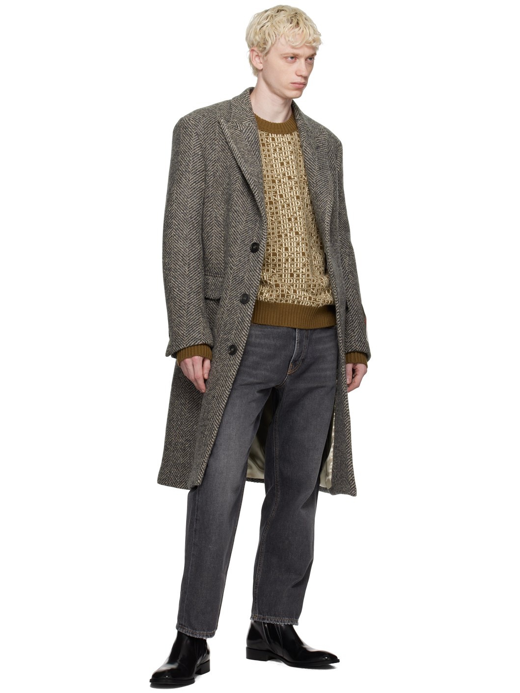 Men's single-breasted wool coat with beige and gray herringbone weave