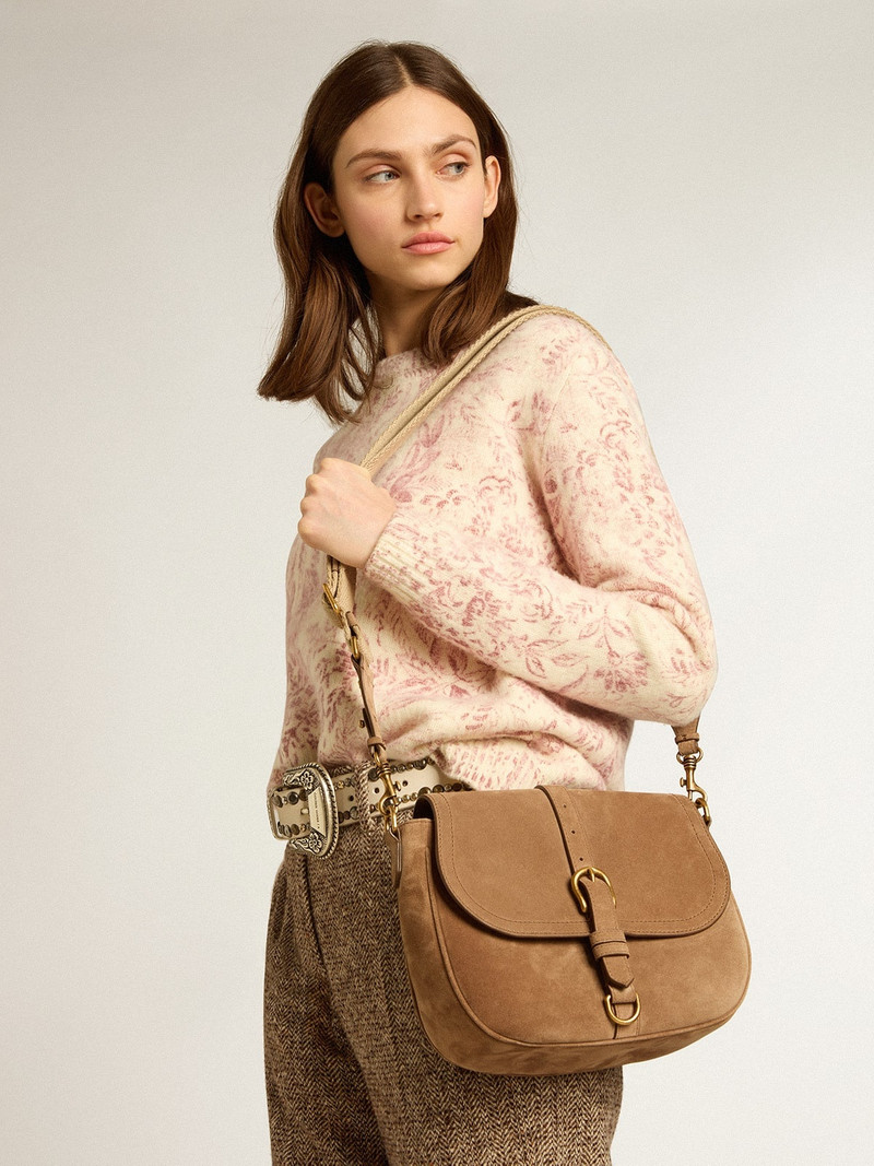 Medium Sally Bag in ash-colored suede with contrasting buckle and shoulder strap 3