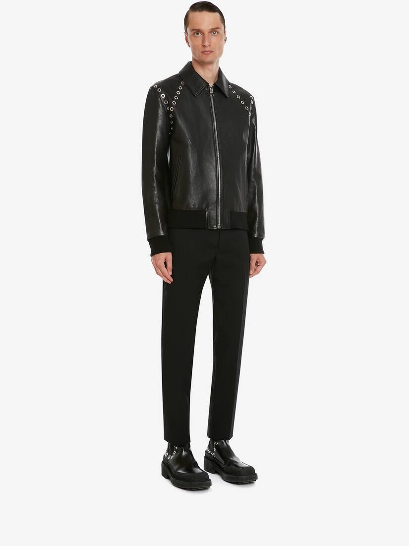 Men's Eyelets Leather Jacket in Black - 3