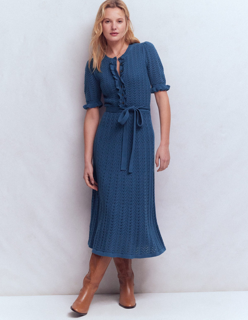 Henley Frill Knitted Dress-Denim Blue 7