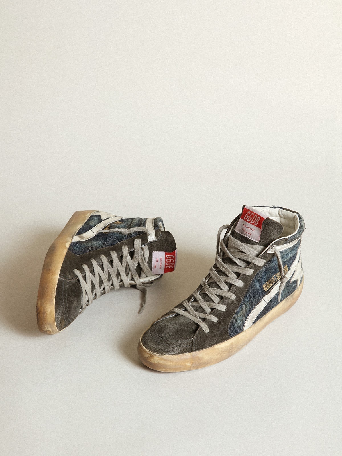 Slide in midnight-blue denim with white leather star - 2