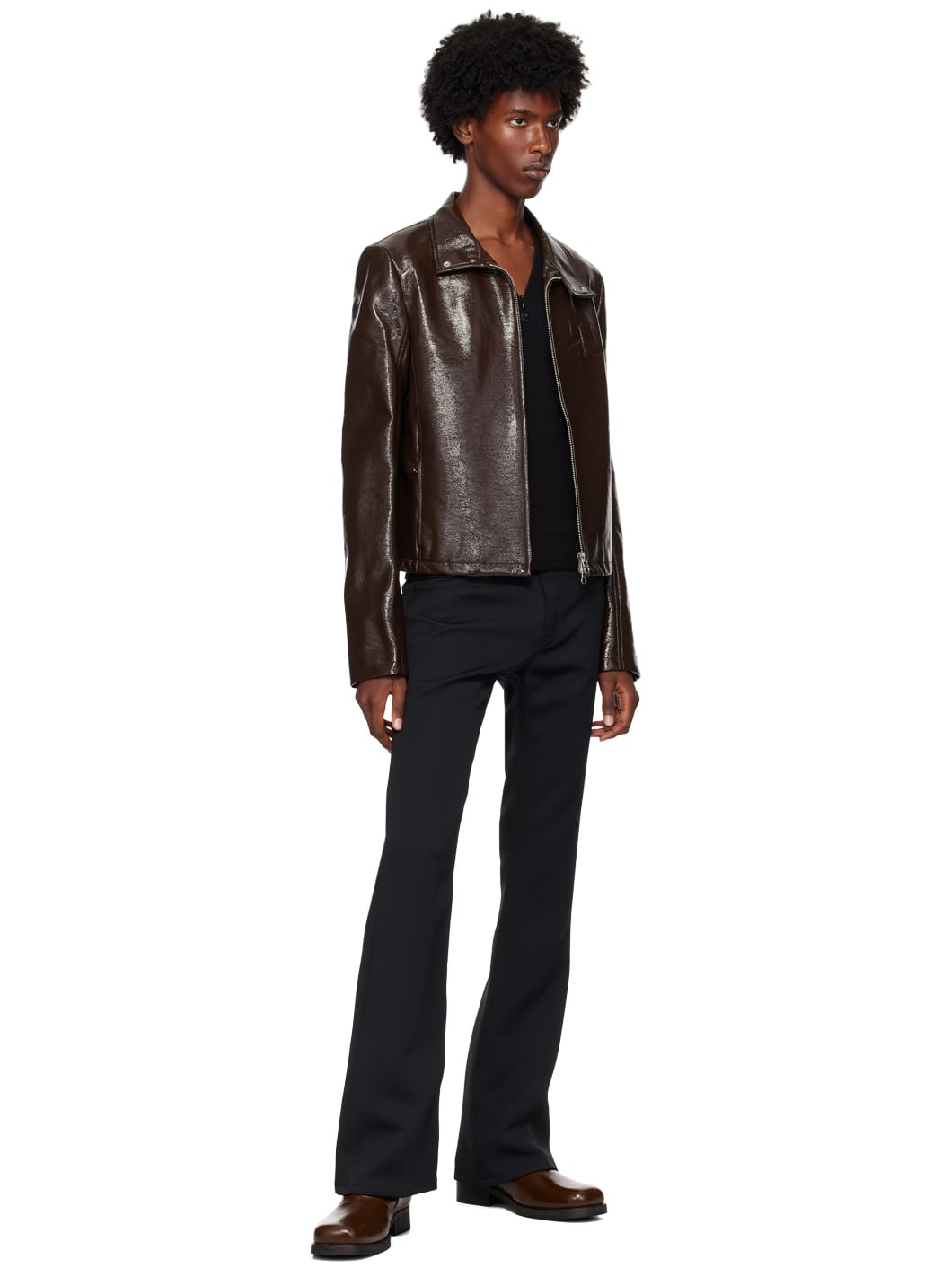 Brown Zipped Vinyl Biker Jacket - 4