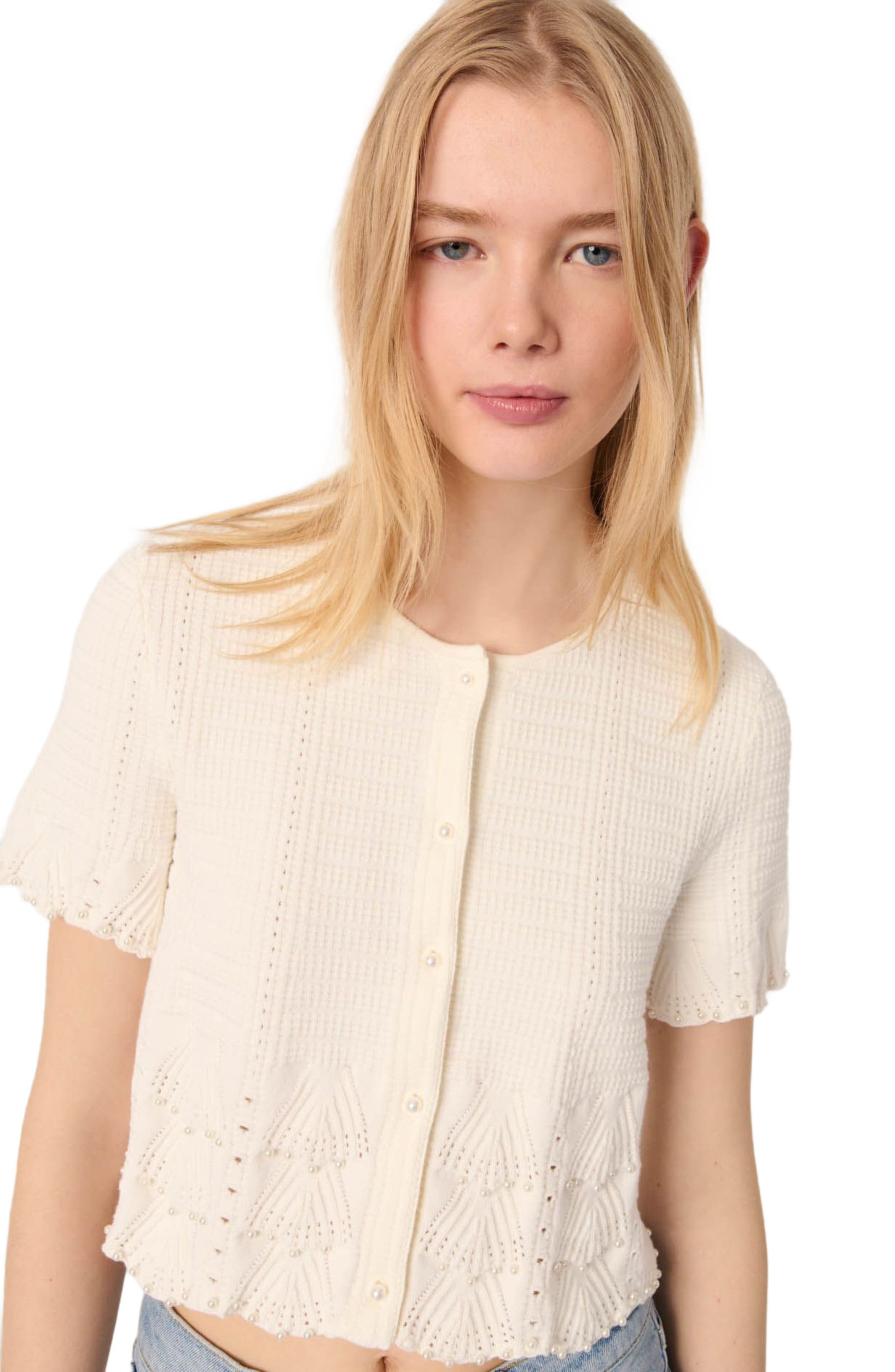 maje Beaded pointelle knit cardigan in White at Nordstrom - 6