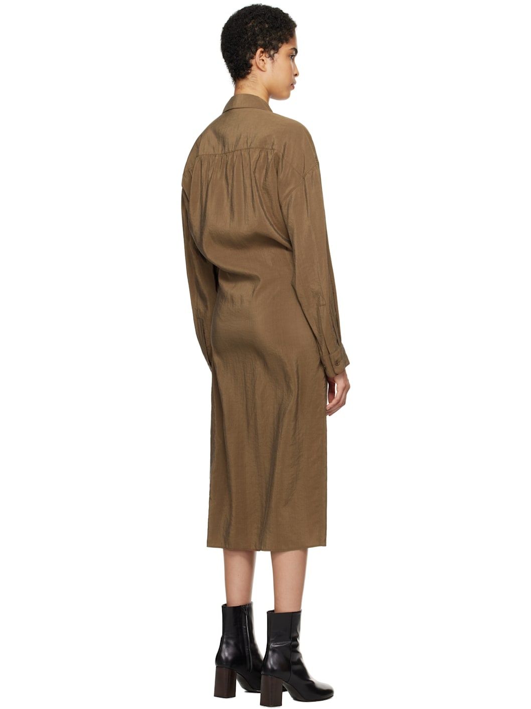 Brown Straight Collar Twisted Midi Dress - 3
