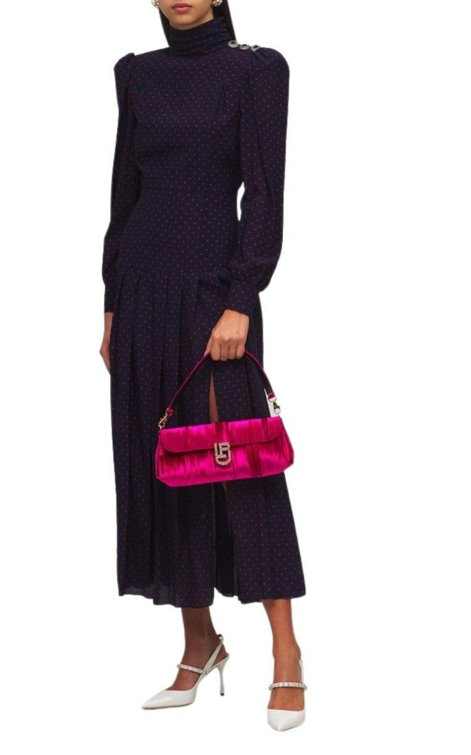 Long-Sleeve Highneck Polka-Dot Dress - 2