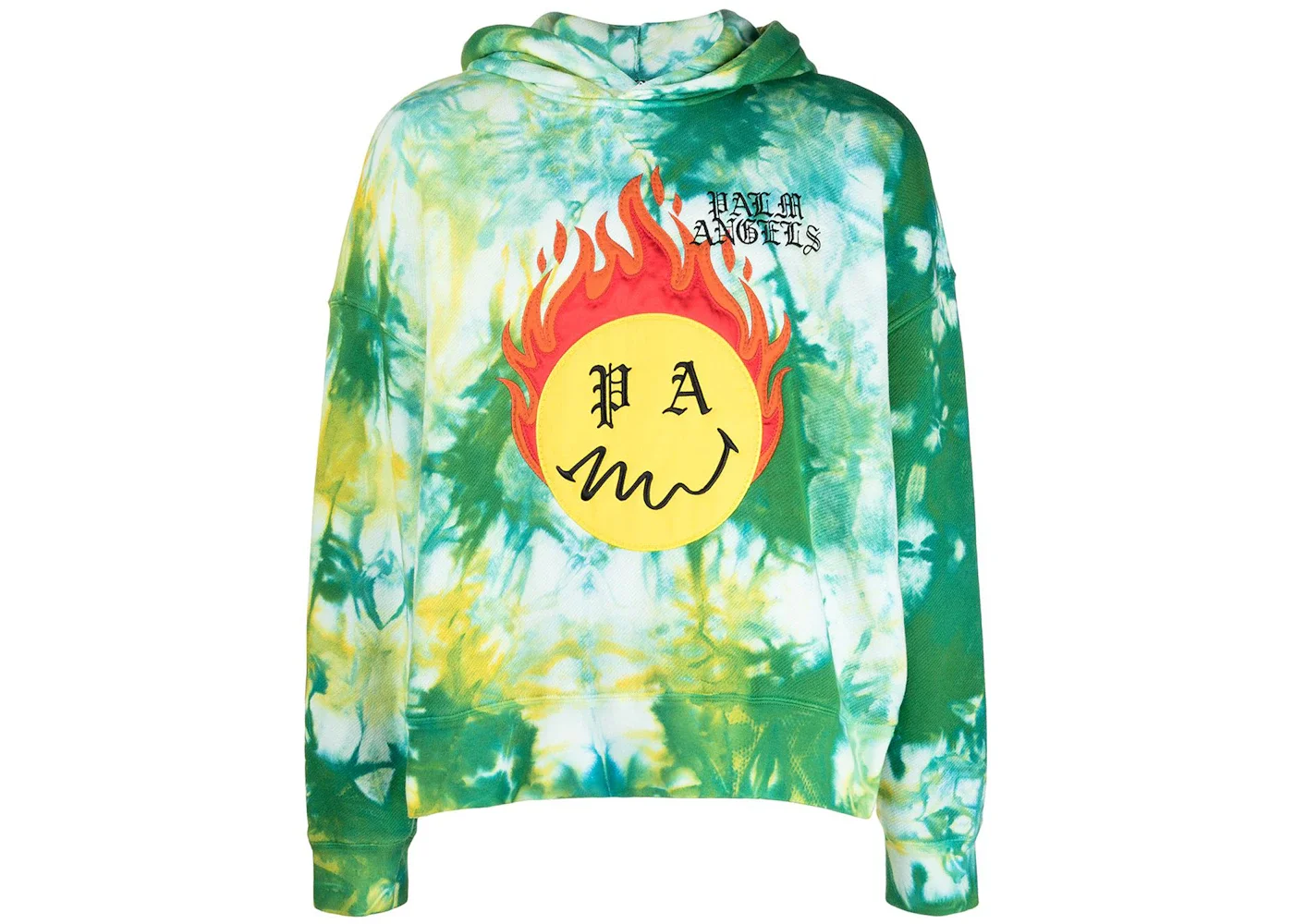 Palm Angels Smiley Intarsia Burning Head Tie Dye Hoodie Green - 1