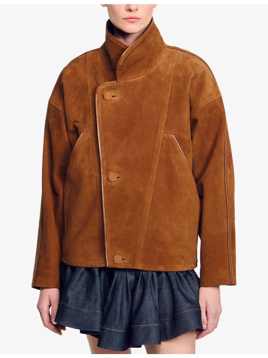 High-Neck Relaxed-Fit Suede Jacket - 3