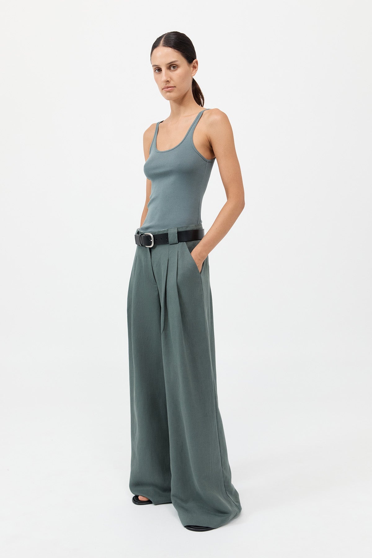 Wide Leg Pleat Pants - Balsam Green - 3