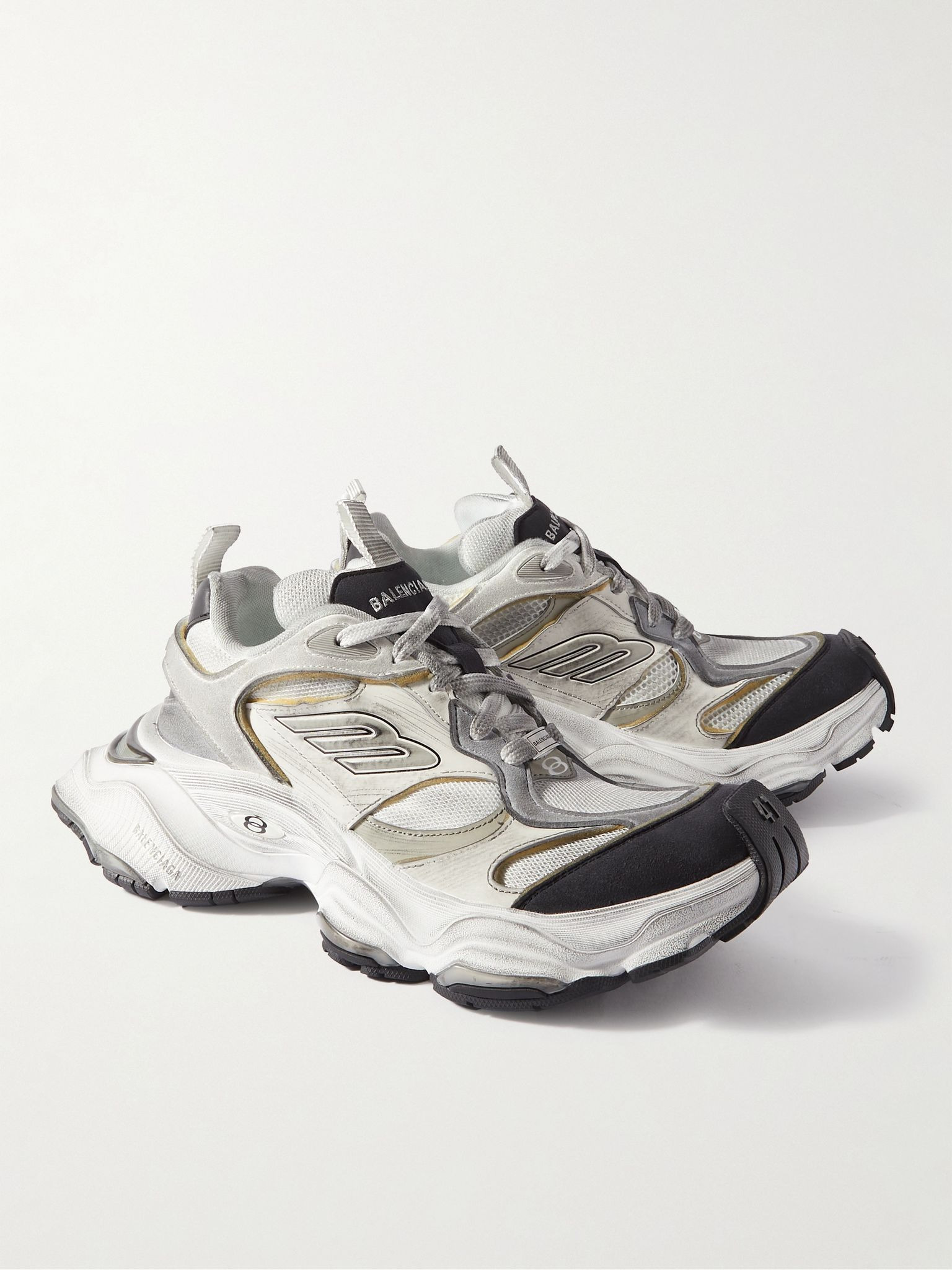 Cargo Distressed Mesh-Trimmed Suede and Leather Sneakers Gray - 4