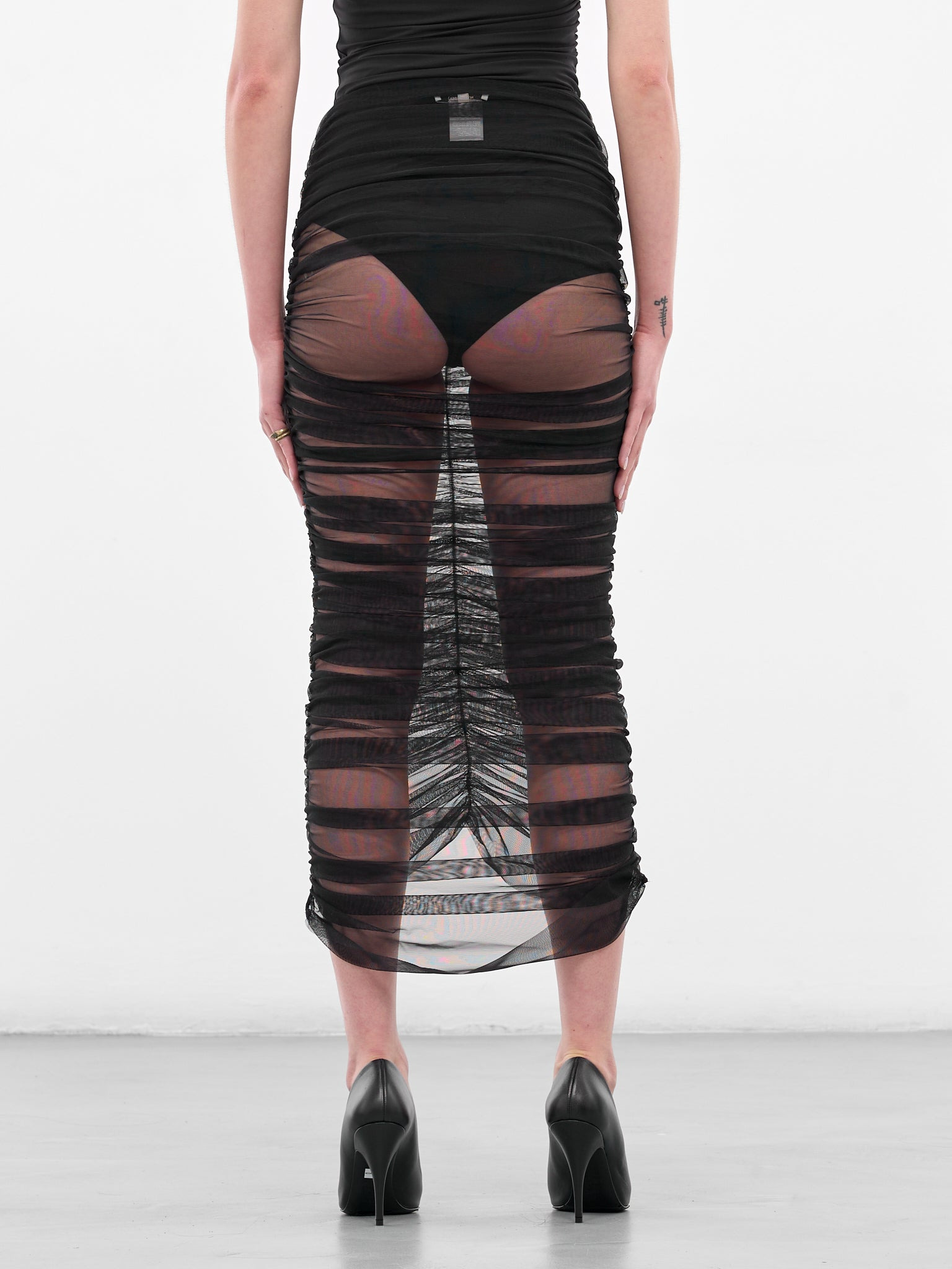 Black Sheer Ruched Midi Skirt - 3