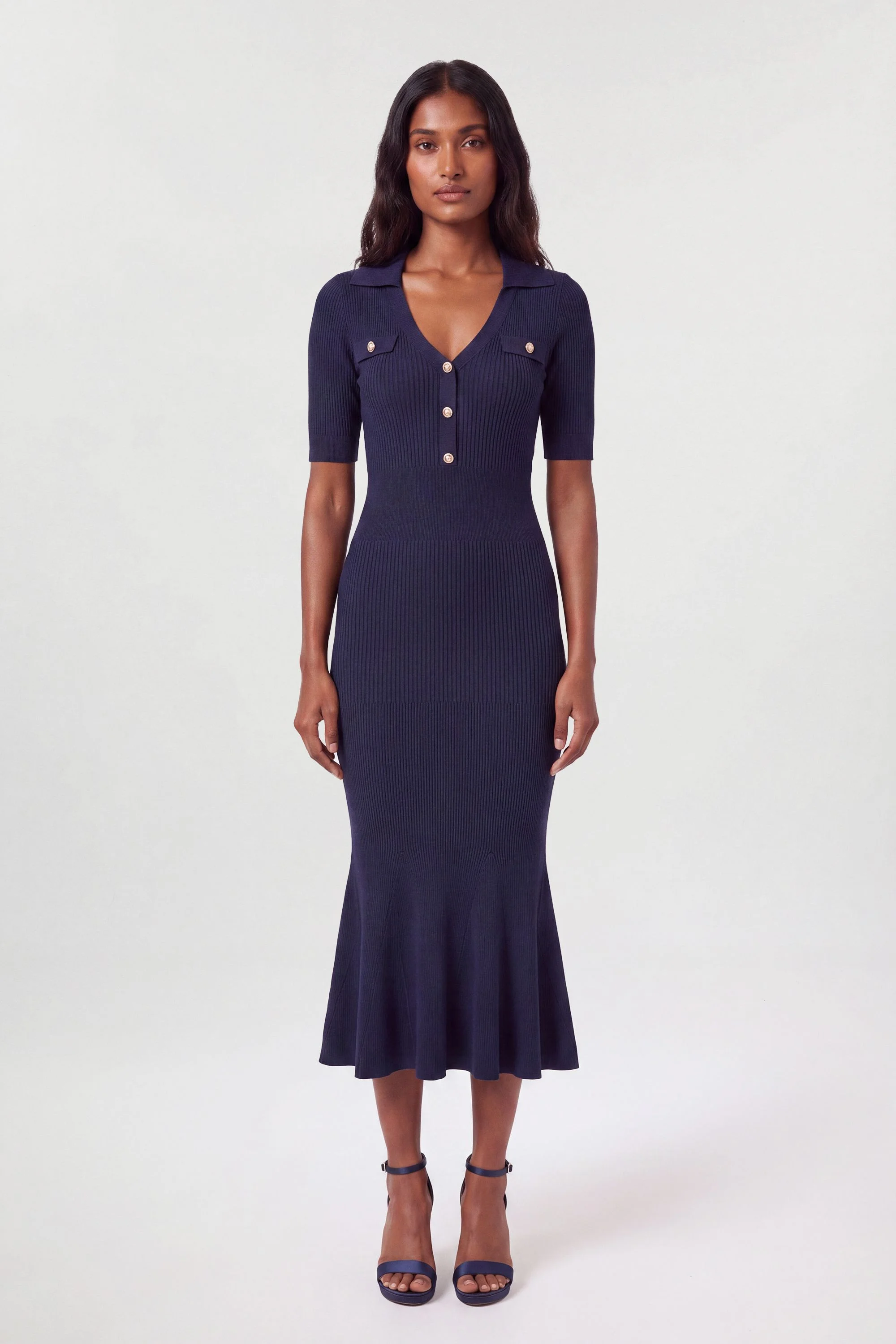Military Trim Rib Knit Collared Maxi Dress - 1