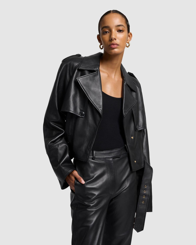 7 For All Mankind Italian Leather Cropped Moto Jacket in Black outlook