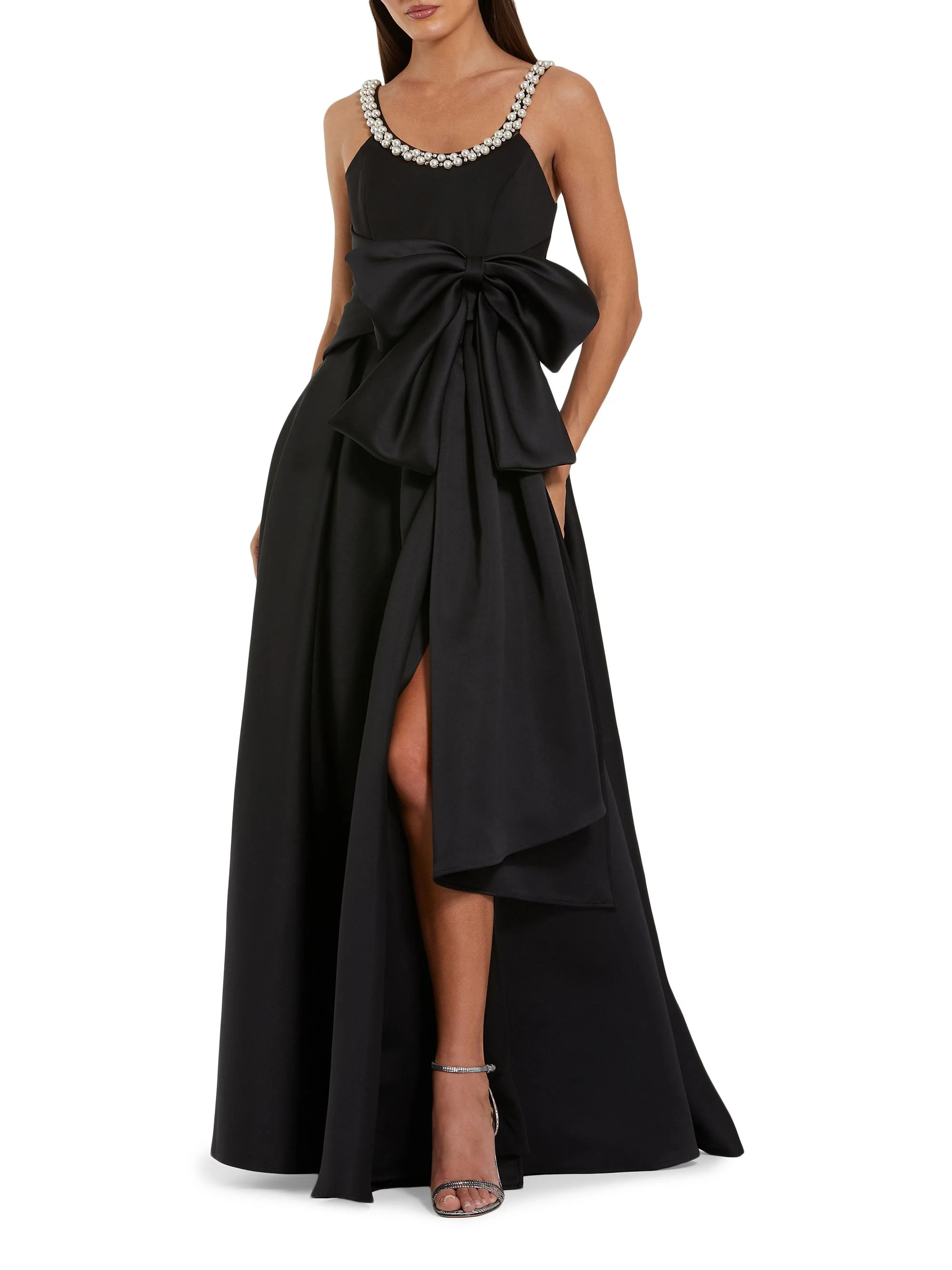 Women's Imitation Pearl- & Bow-Detailed Satin Gown - Black - 1