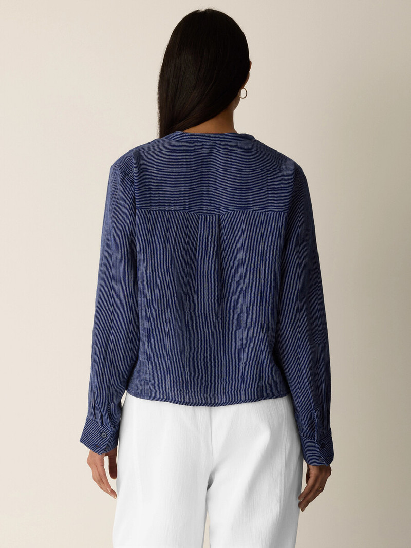 Striped Organic Cotton Gauze Band Collar Shirt 4