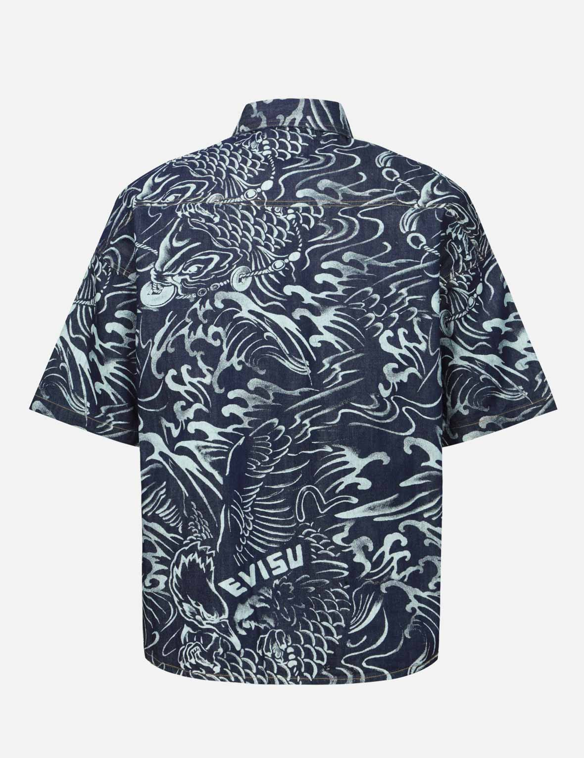 ALLOVER SEAGULL AND CARP EXTRACTED PRINT LOOSE FIT DENIM SHIRT - 2