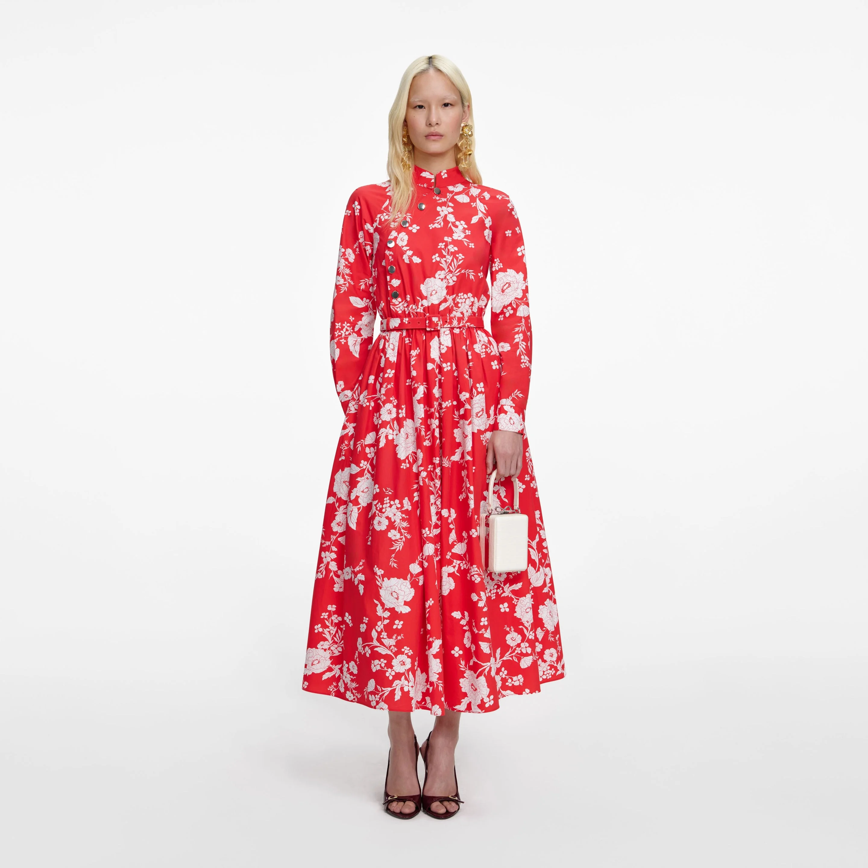 Red Floral Cotton Midi Dress - 1