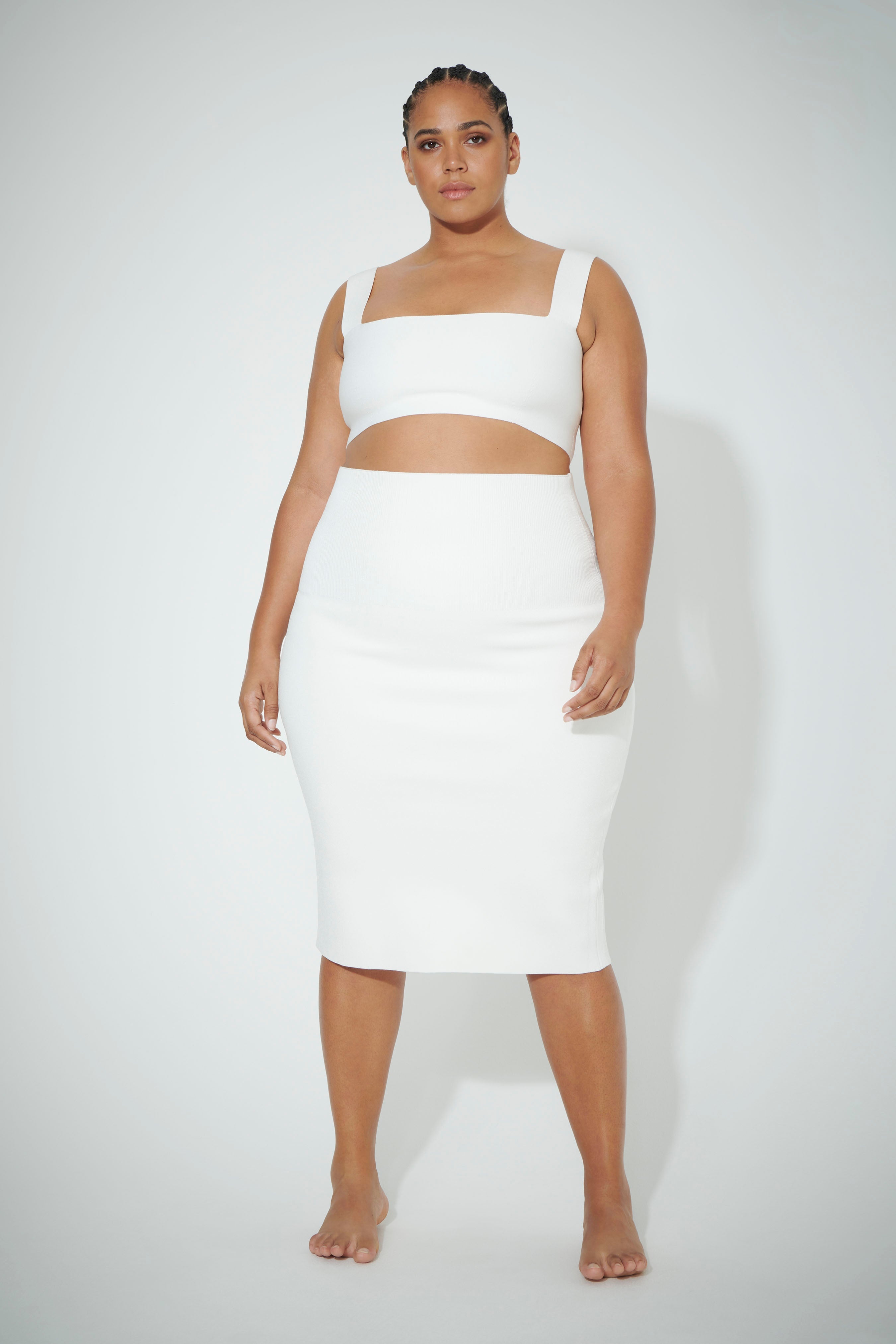 Victoria Beckham VB Body Fitted Midi Skirt In White | REVERSIBLE