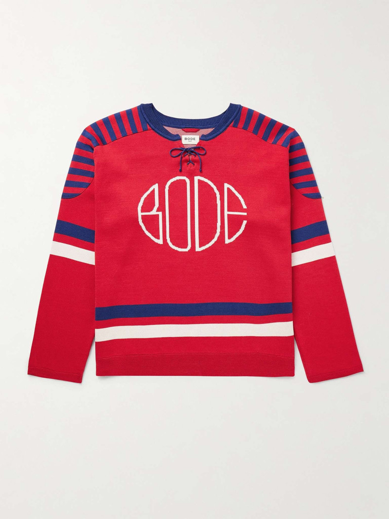 Rink Lace-Up Logo-Jacquard Striped Mako Cotton Sweater - 1