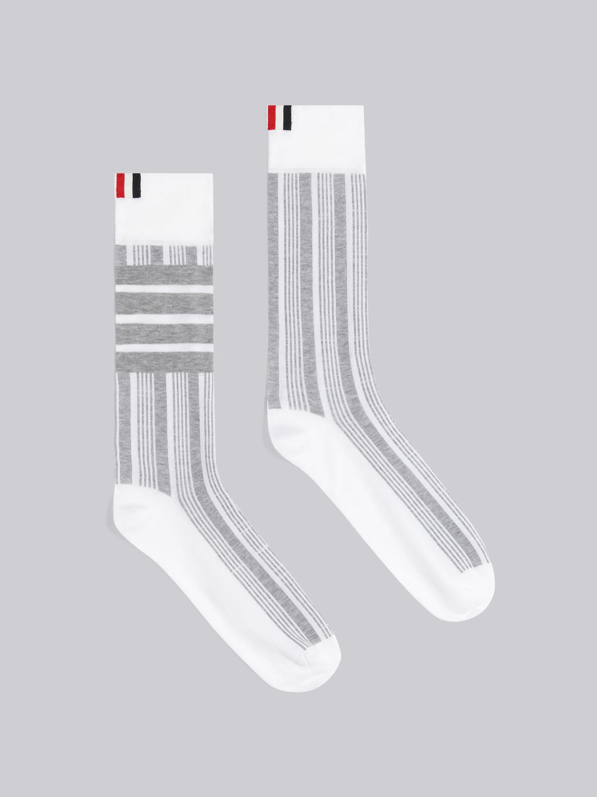 Light Grey Mercerized Cotton 4-Bar Striped Mid Calf Socks - 1