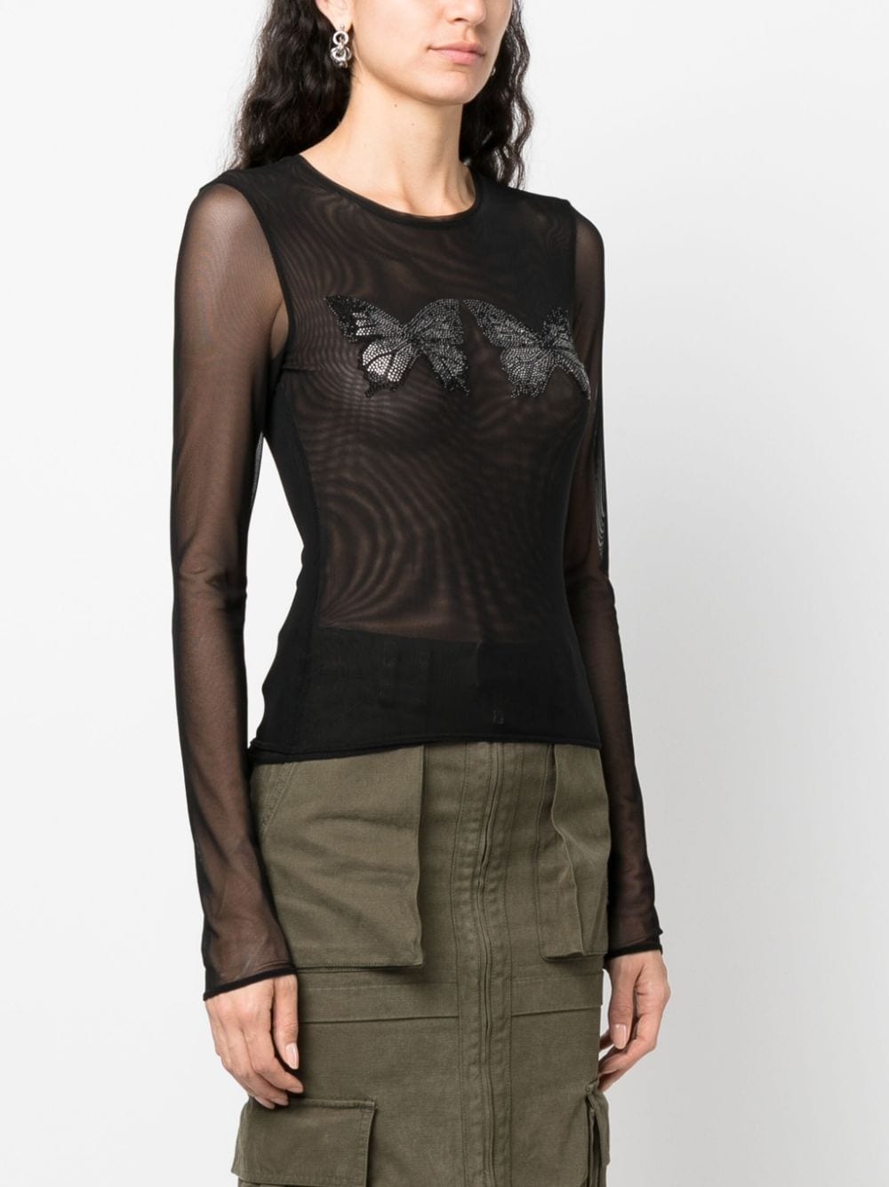 butterfly-embellished mesh top - 3