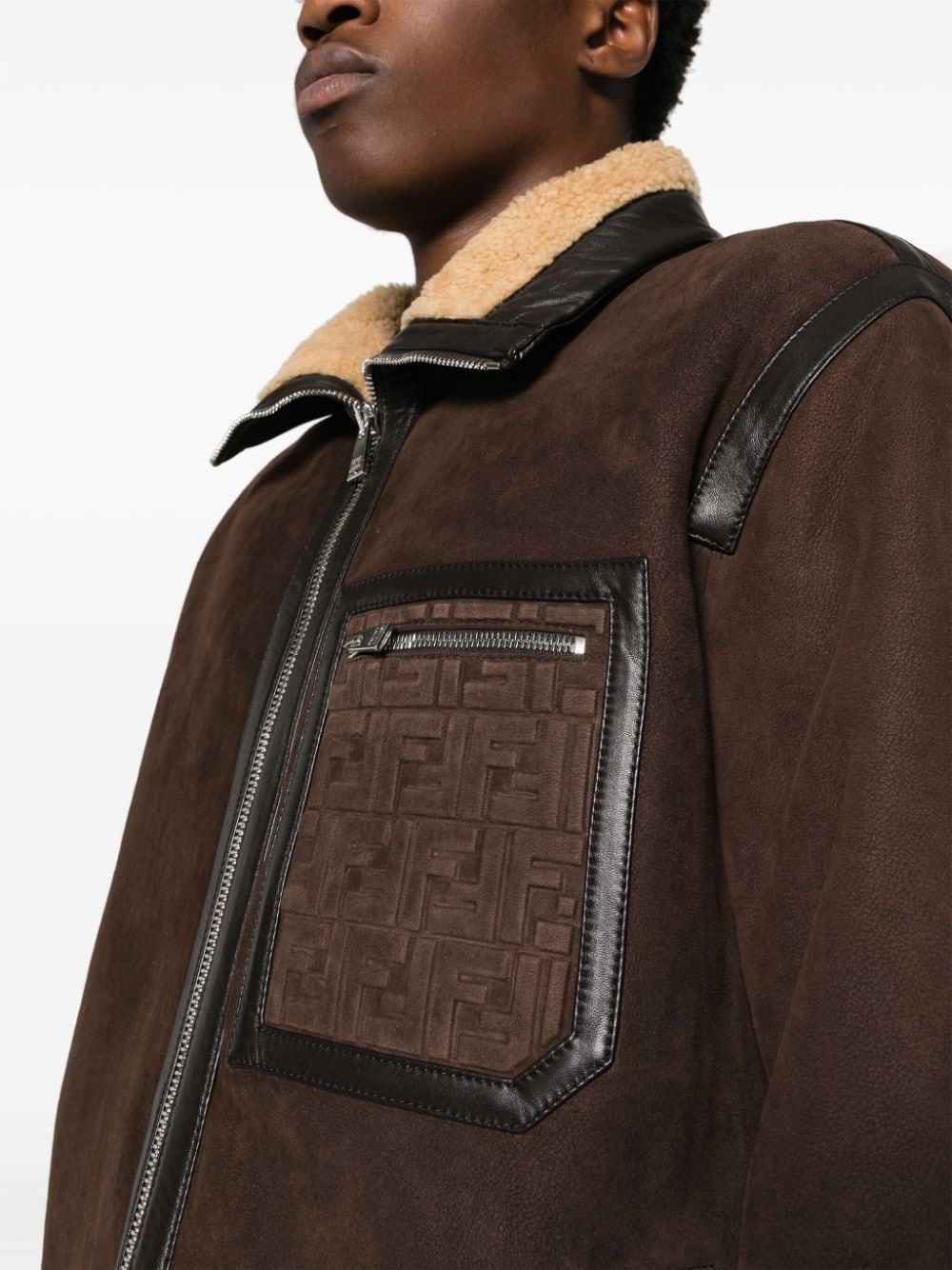 logo-embossed shearling jacket - 5