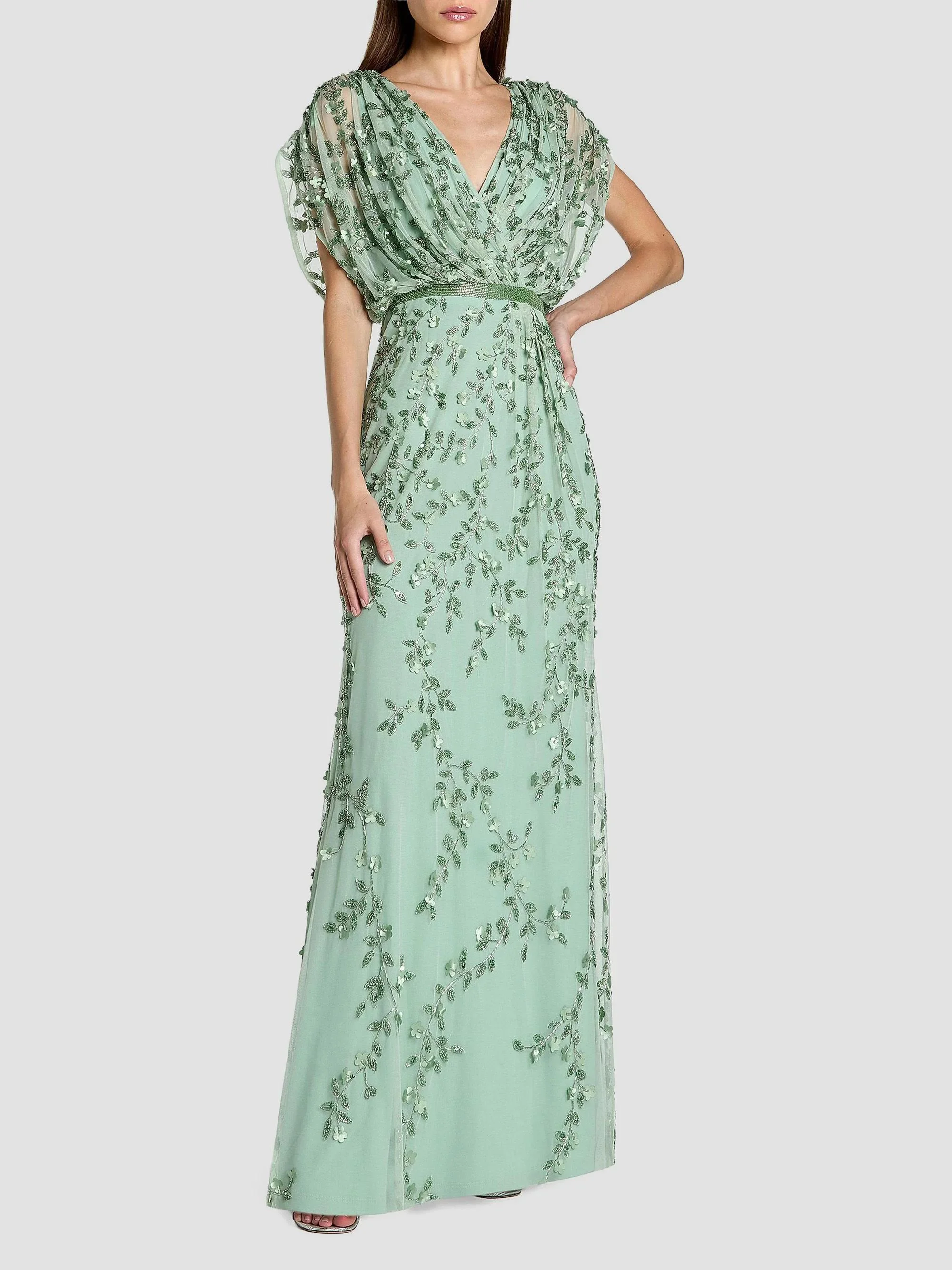 Women's Beaded Draped Mesh Column Gown - Seafoam - 1