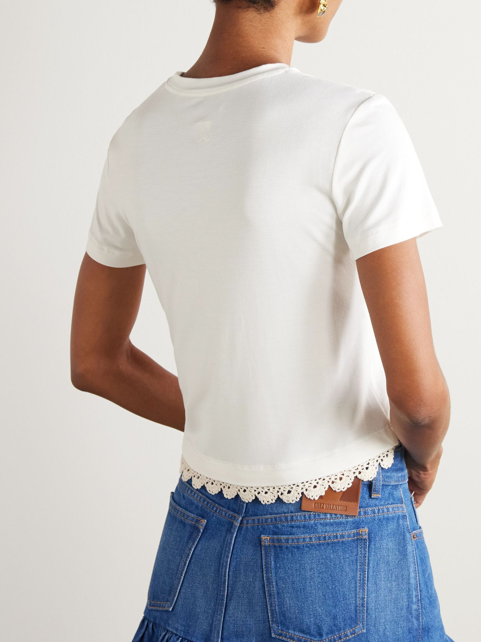 Crochet-trimmed cotton-jersey T-shirt Cream - 3