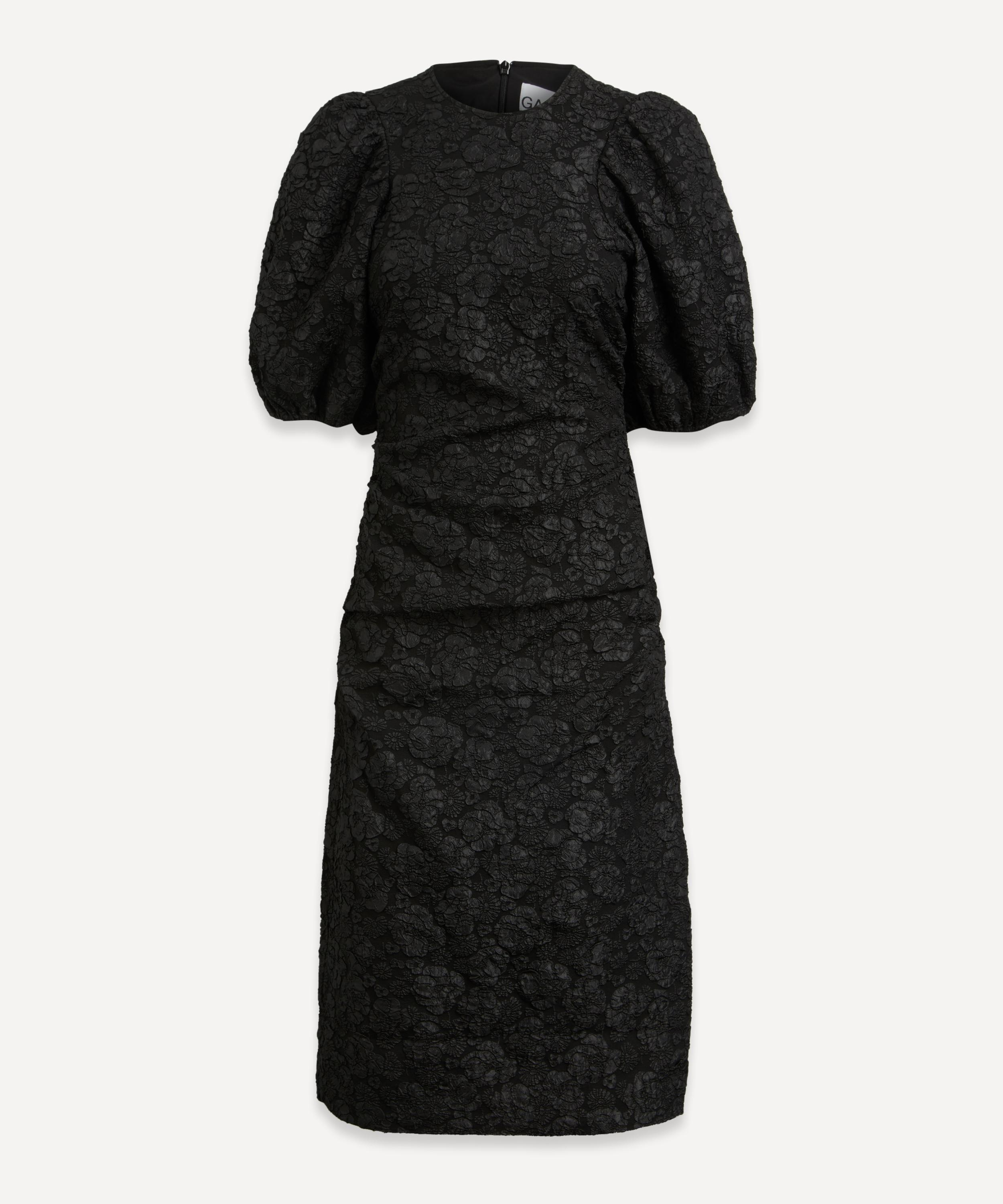 Black Jacquard Puff-Sleeve Midi Dress - 1