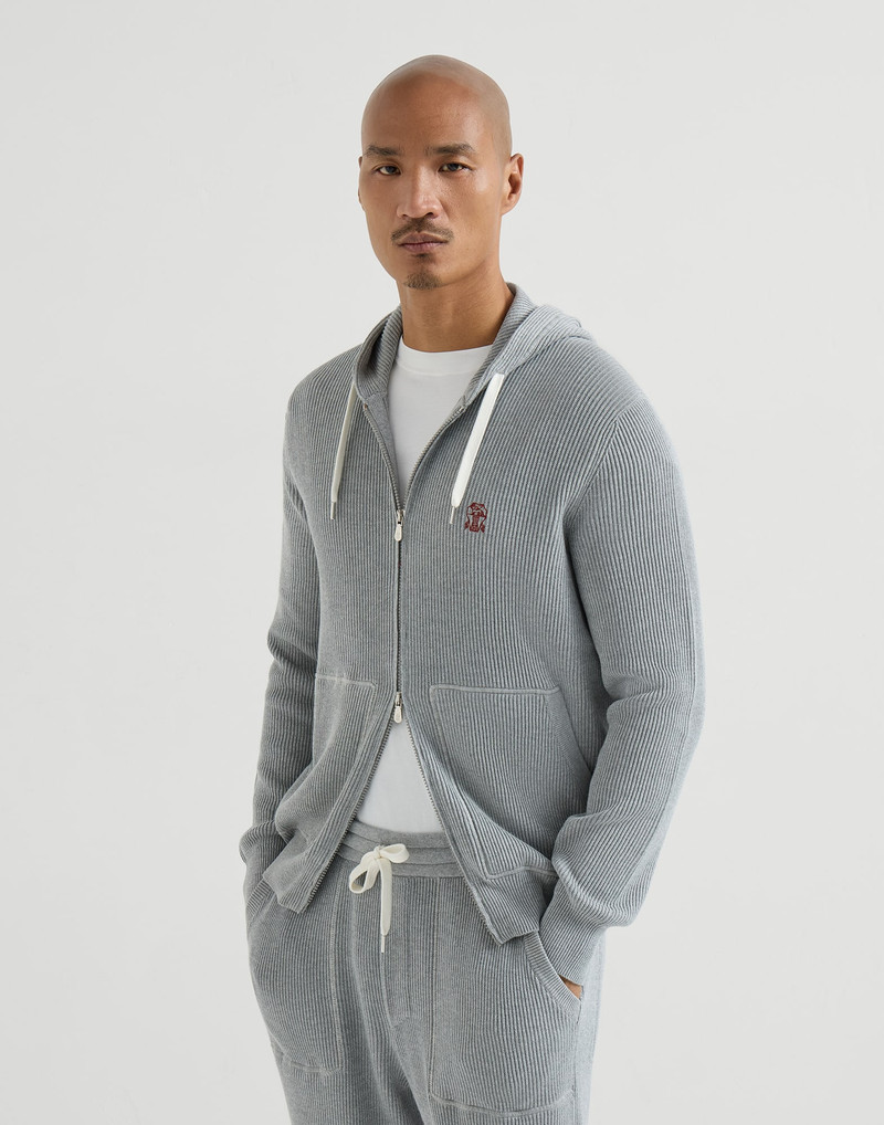 Cotton English rib knit hooded sweatshirt with logo and zipper 2