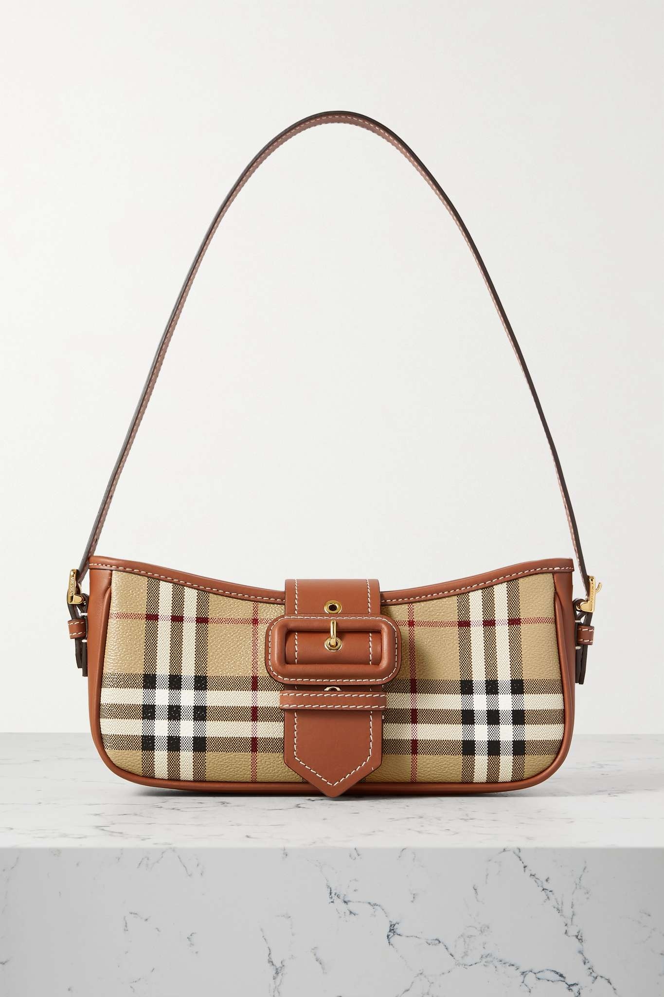 Leather-trimmed checked coated-canvas shoulder bag - 1