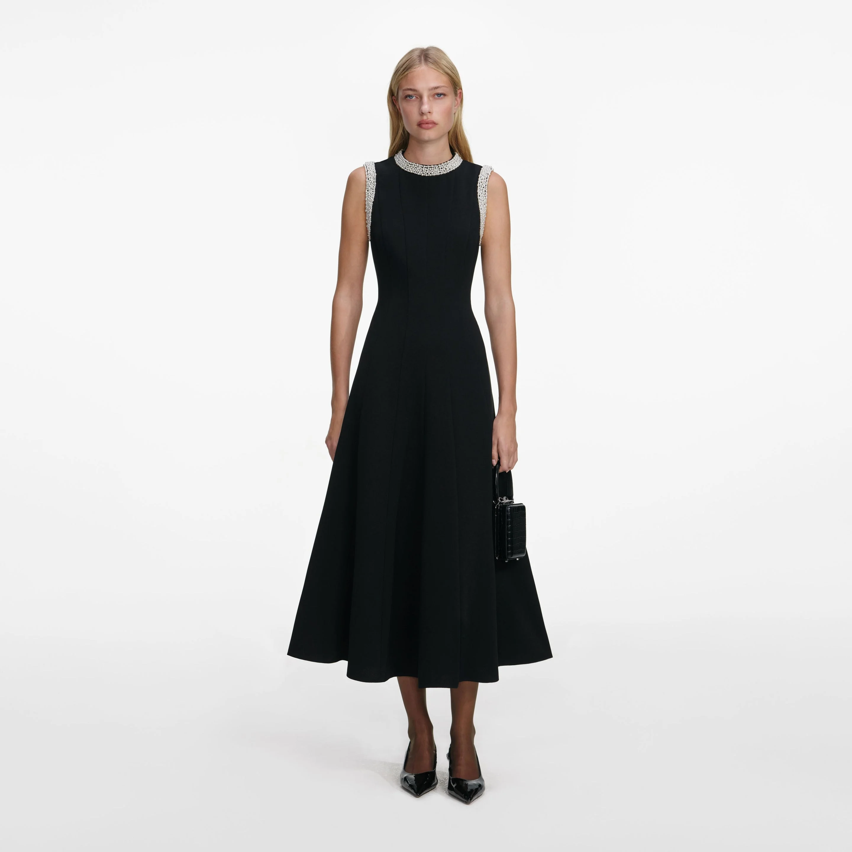 Black Crepe Pearl Trim Midi Dress - 1