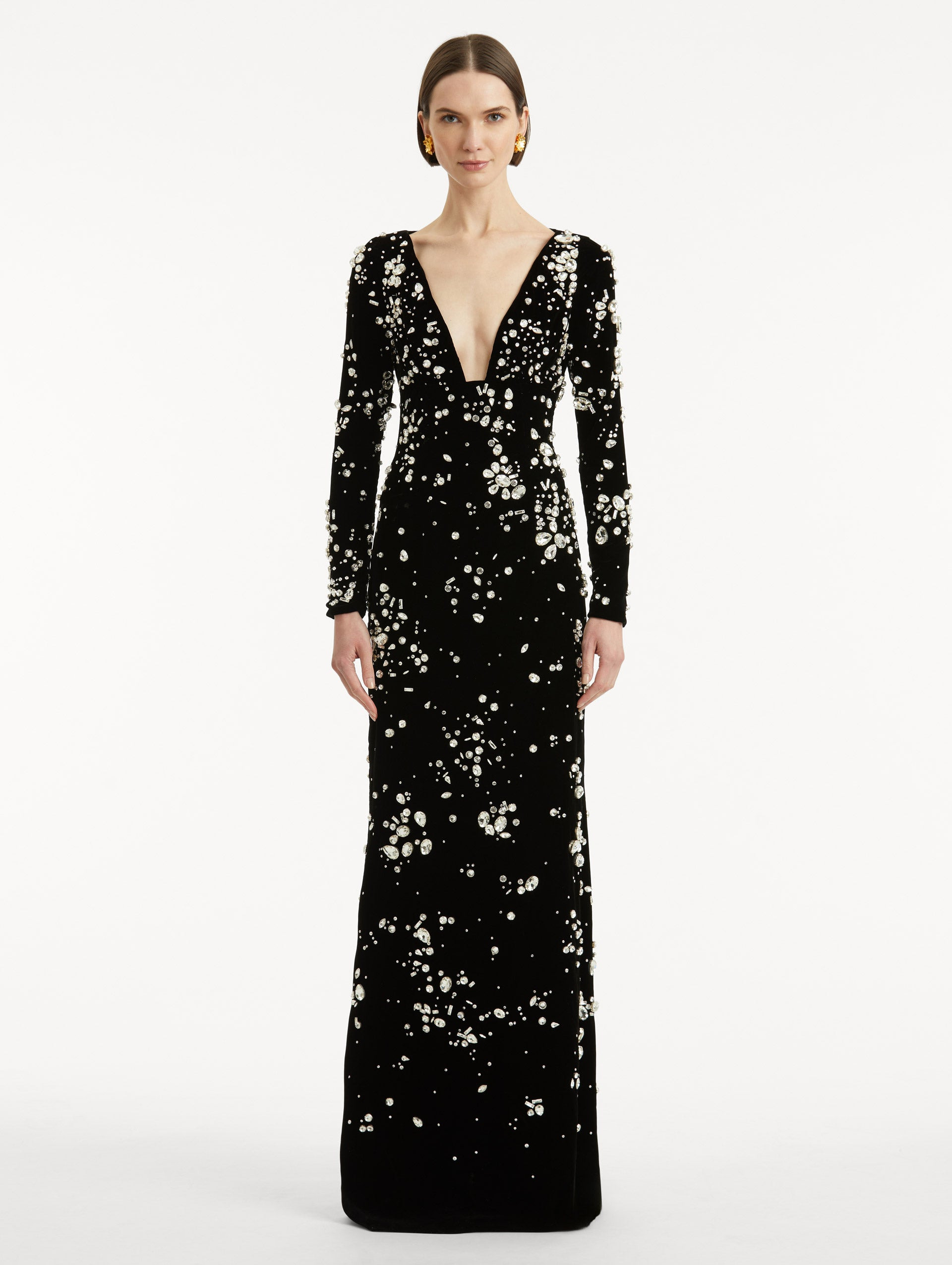 CRYSTAL CLUSTER EMBROIDERED LONG SLEEVE GOWN - 2