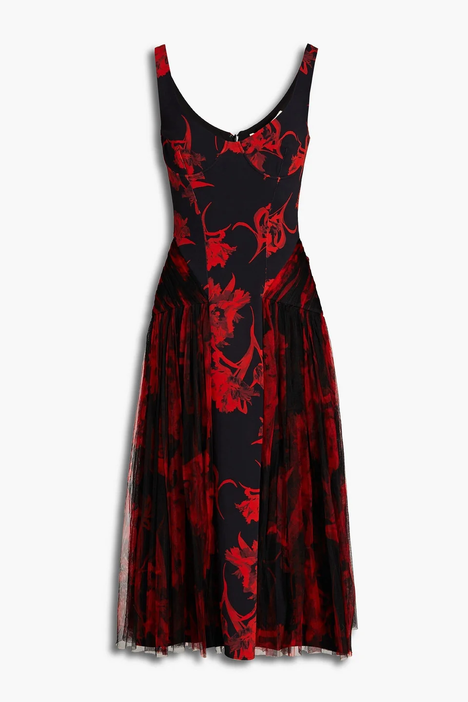 Layered floral-print tulle and crepe midi dress - 1