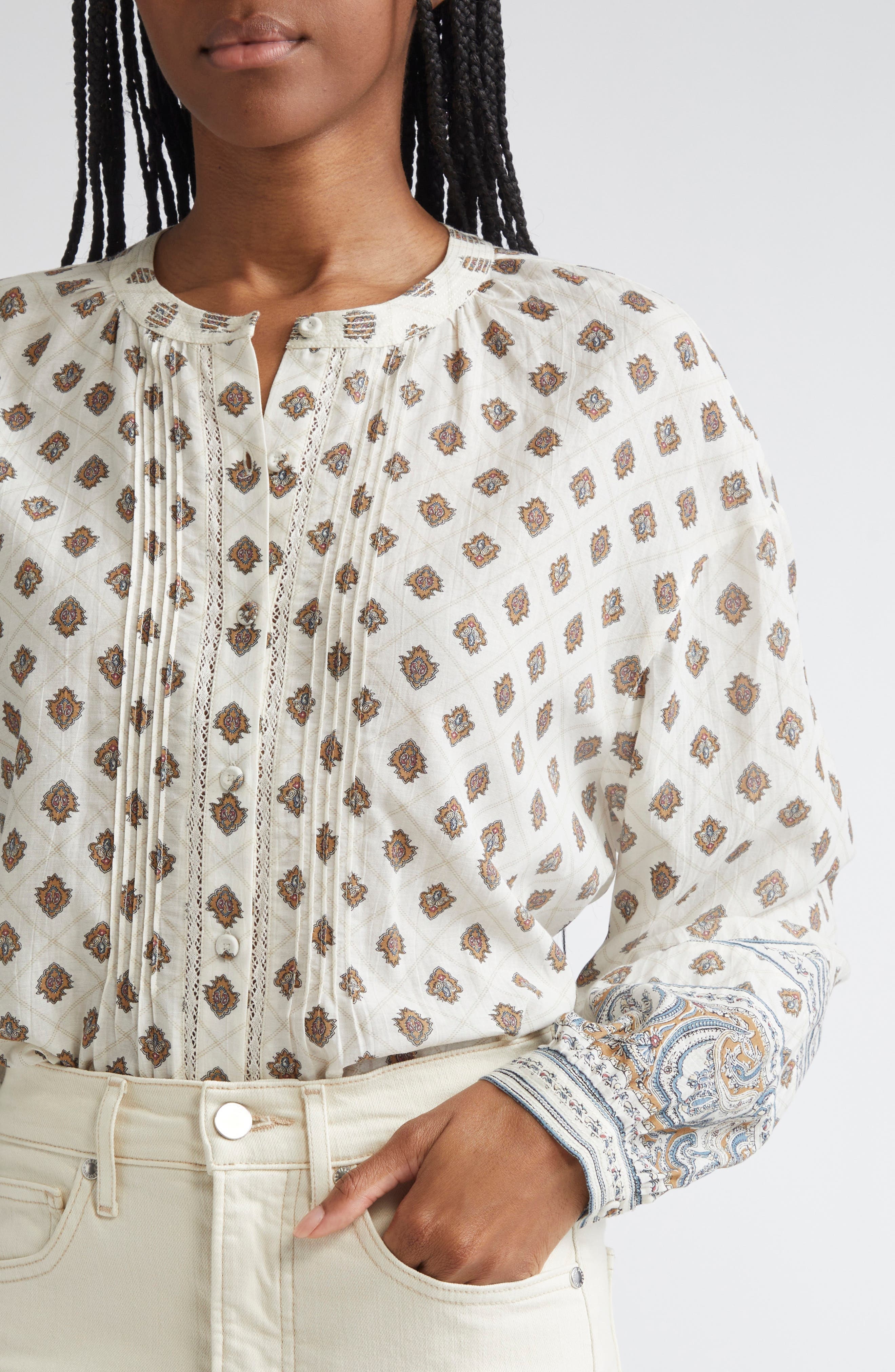 Veronica Beard Lollie Mixed Print Cotton Blend Button-Up Shirt in Dove Multi at Nordstrom - 5