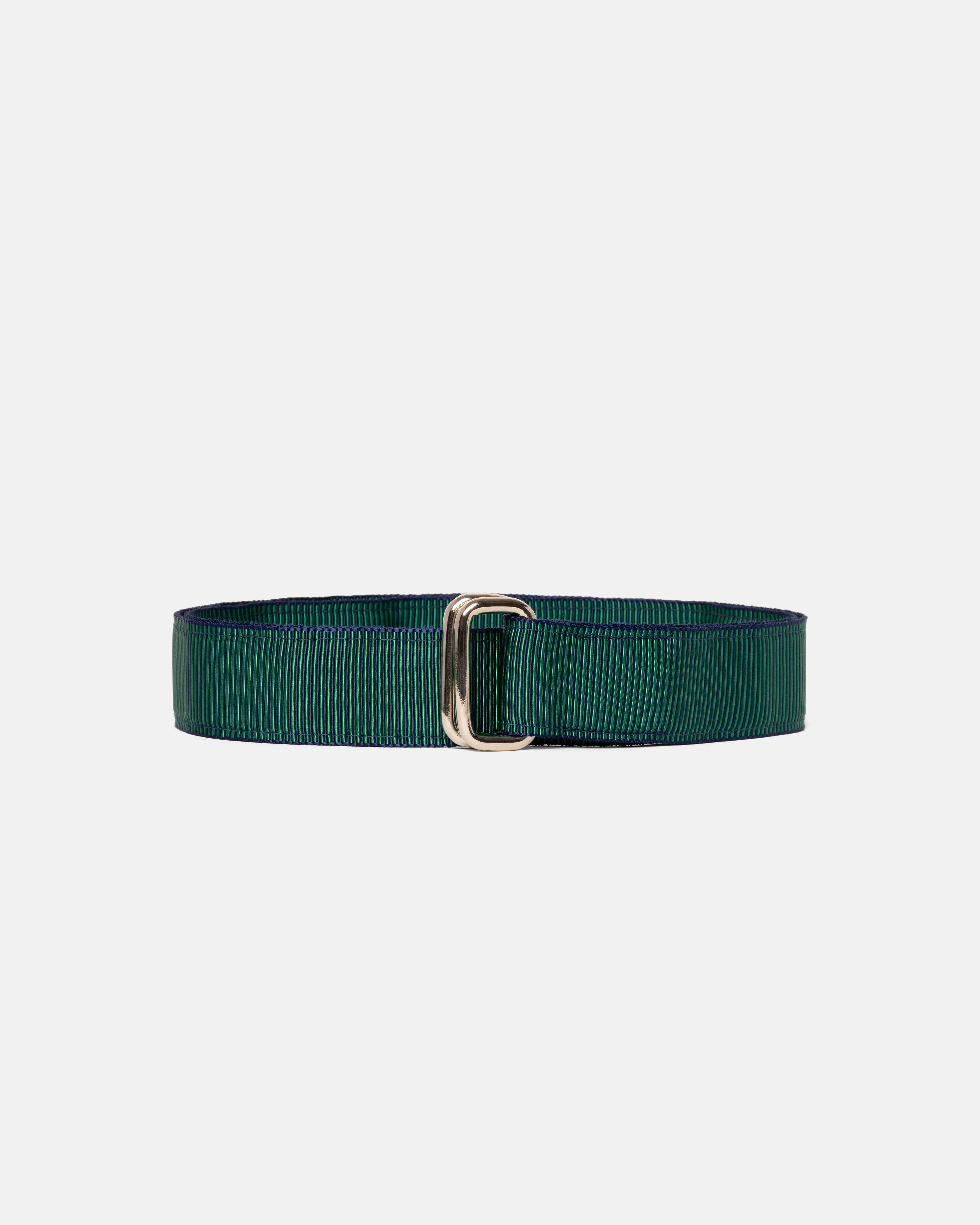 MADE-IN-USA GREEN & NAVY STRIPED GROSGRAIN RIBBON BELT - 1