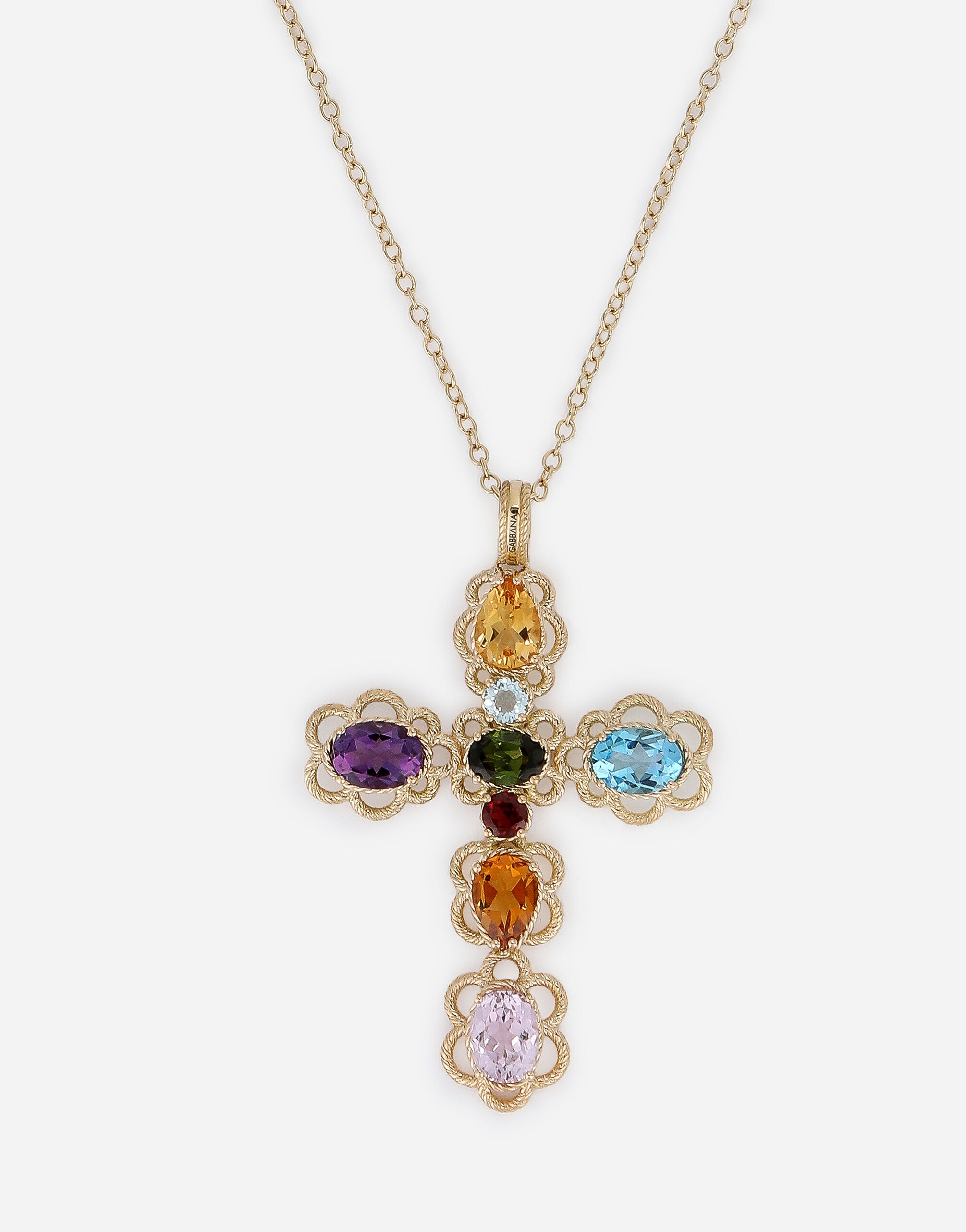 18 kt yellow gold cross pendant  with multicolor fine gemstones - 3