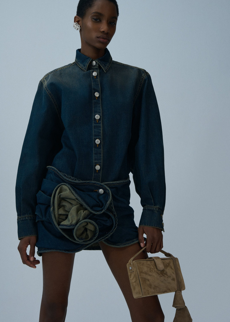 MAGDA BUTRYM Floral appliqué denim mini skirt in dark vintage blue outlook