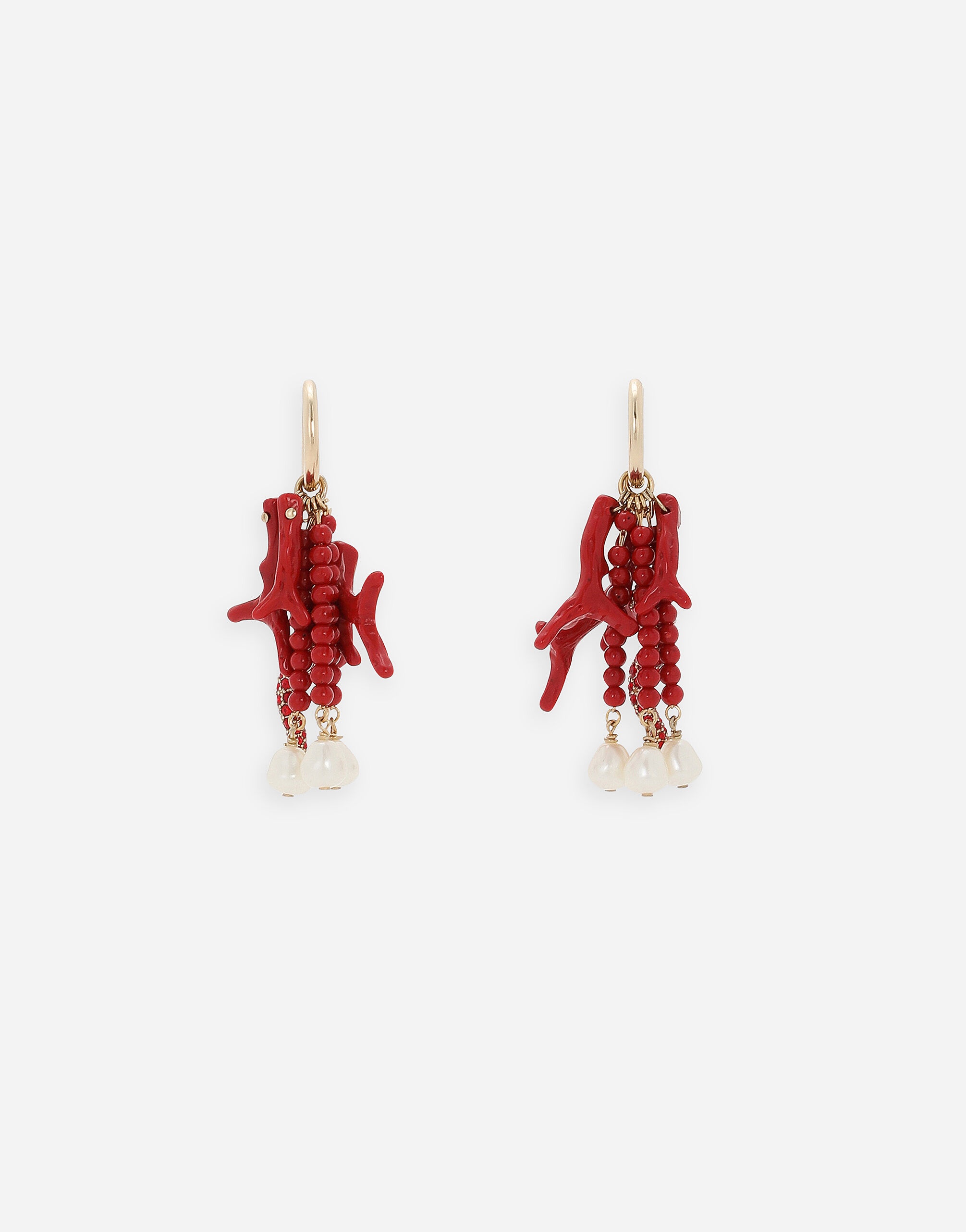 Creole earrings with horn, coral branches and pearls - 3