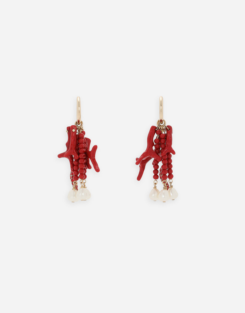 Creole earrings with horn, coral branches and pearls 3