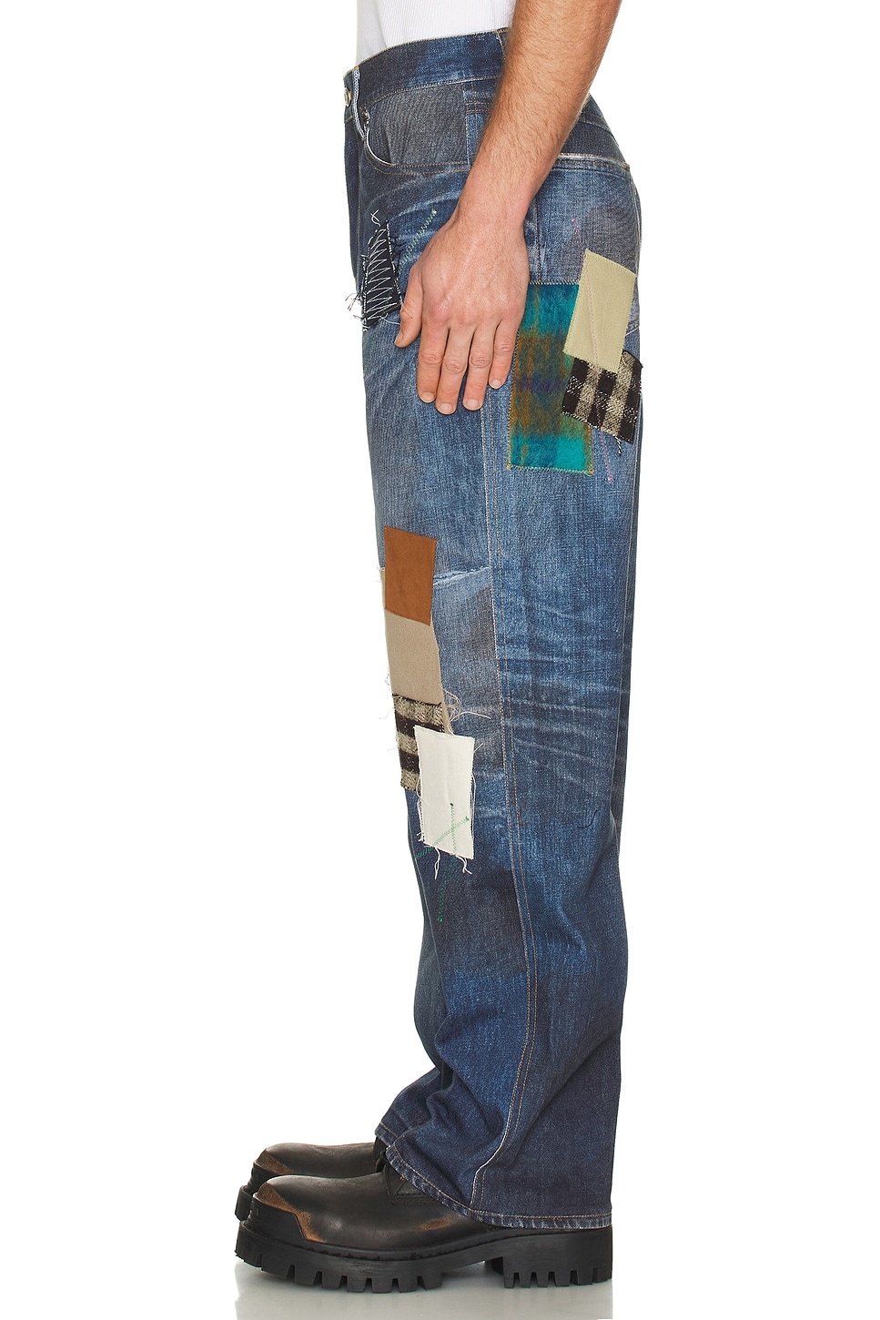 Unisex Patchwork Printed Denim Trompe L`Oeil Jeans - 5