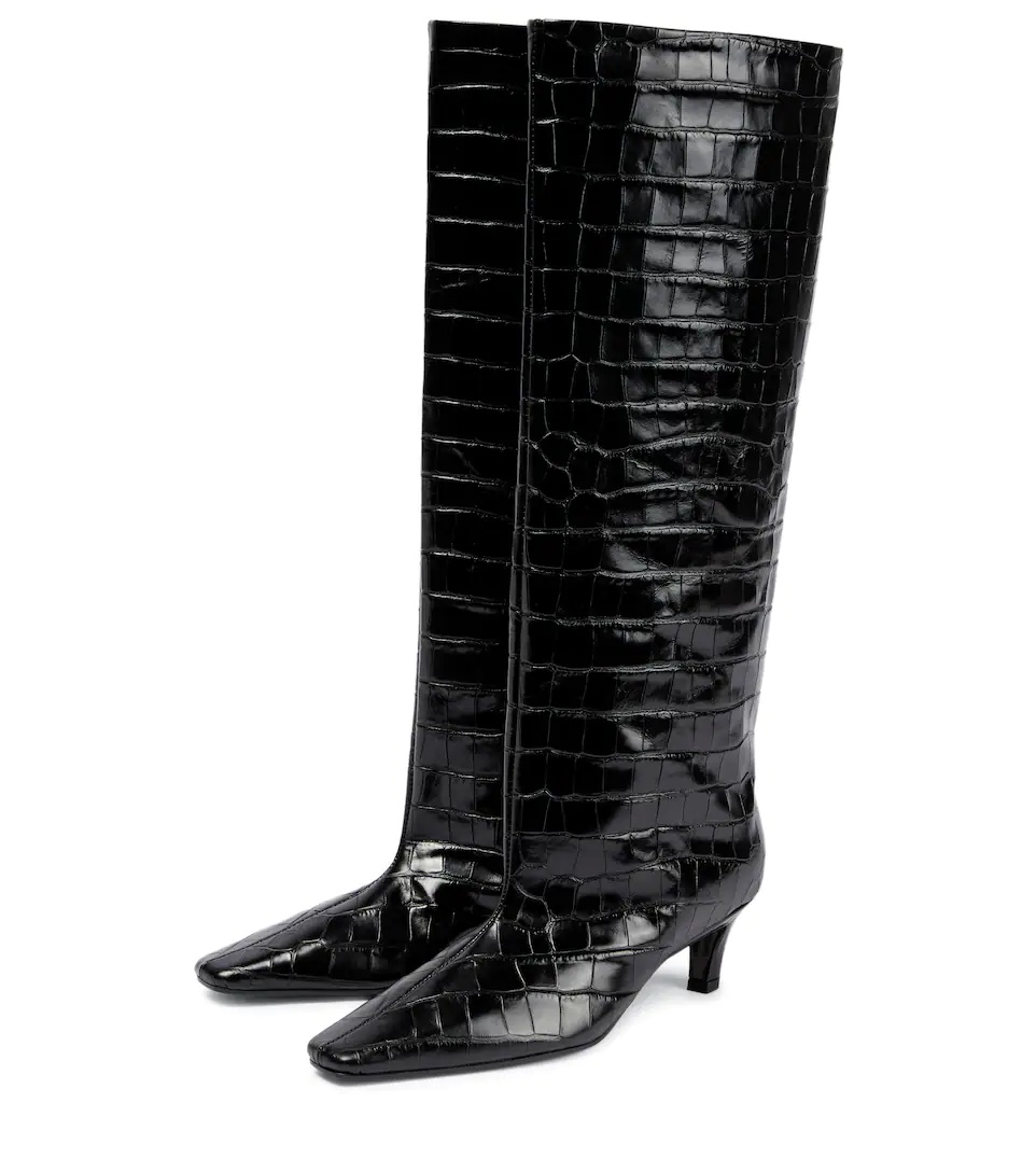 Croc-effect leather knee-high boots - 5