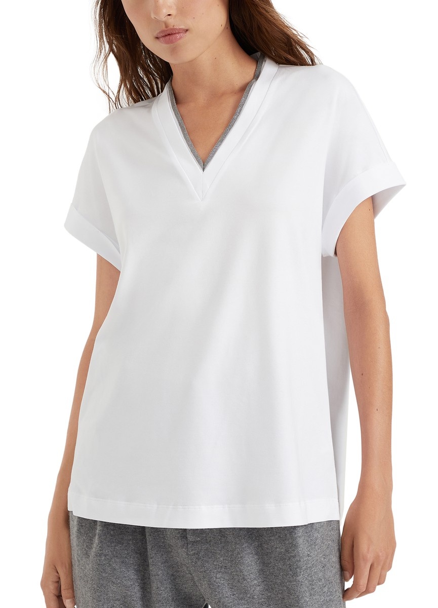 Tシャツ・カットソー BRUNELLO CUCINELLI COTTON TOP WITH SHINY PIPING Brunello Cucinelli Cotton Jersey T-Shirt with Piping | Saks
